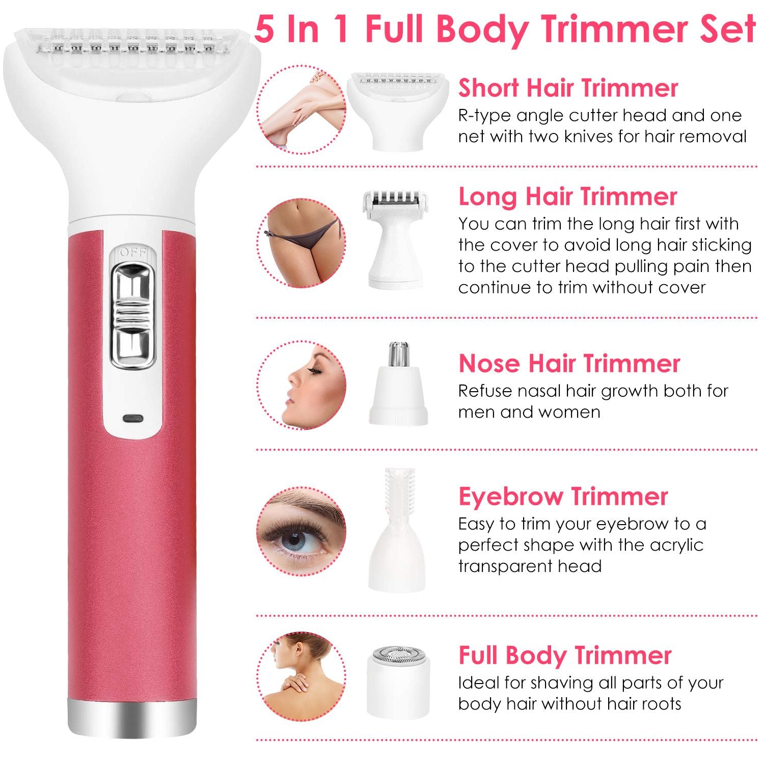 5 in 1 body trimmer set featuring short hair, long hair, nose, eyebrow, and full body trimmers for versatile grooming; designed for both men and women.