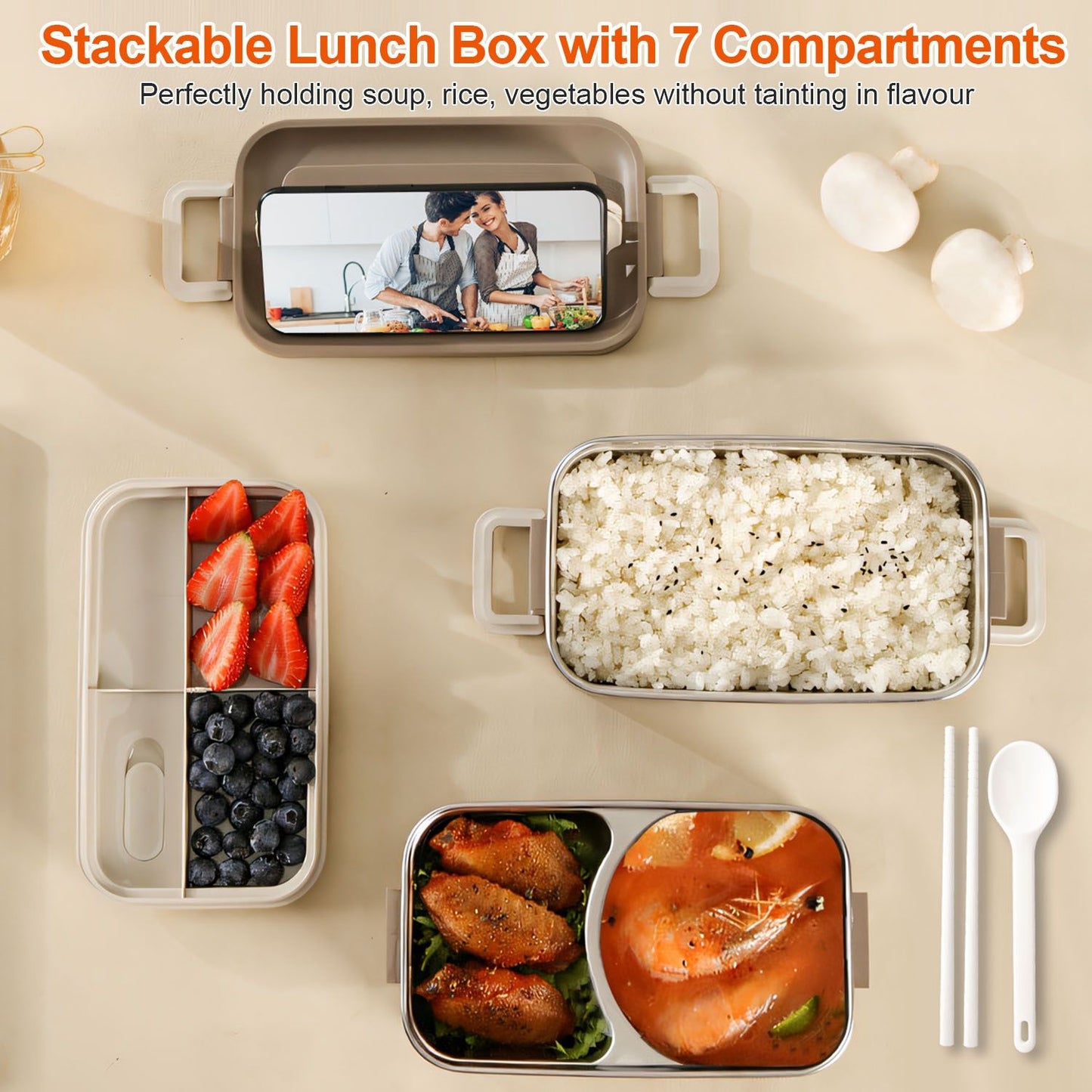 Stackable lunch box featuring 7 compartments, ideal for storing soup, rice, and vegetables separately without flavor mixing, styled with fresh strawberries and blueberries, served alongside rice and meat dishes, with utensils included.