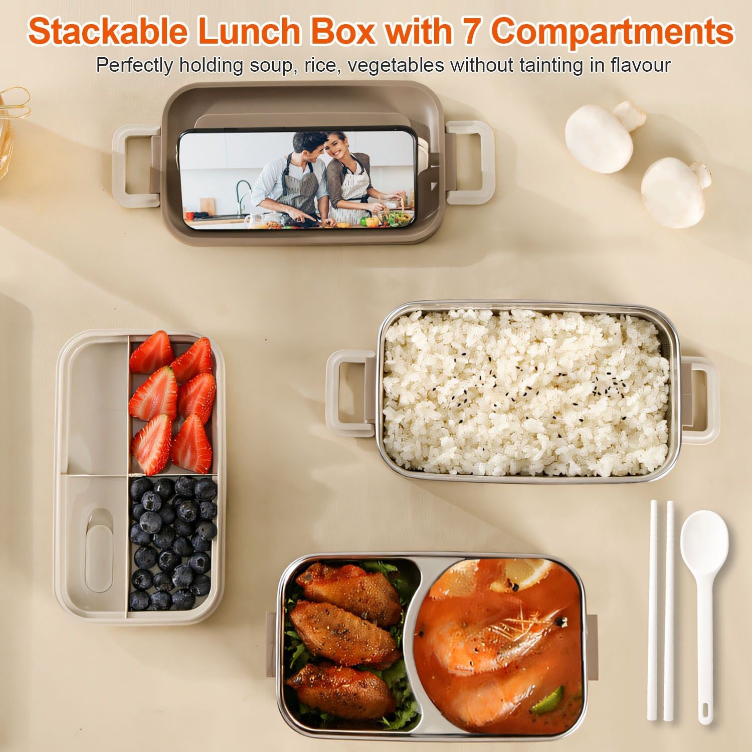 Stackable lunch box featuring 7 compartments, ideal for storing soup, rice, and vegetables separately without flavor mixing, styled with fresh strawberries and blueberries, served alongside rice and meat dishes, with utensils included.