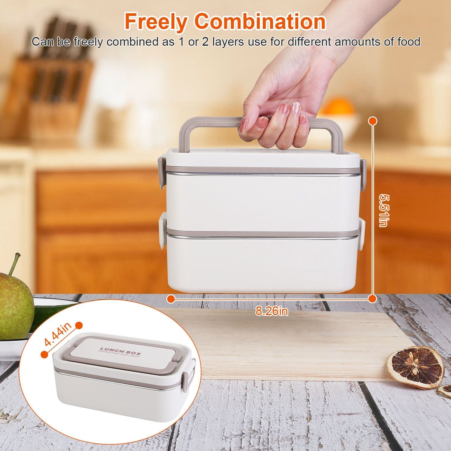 Two-layer lunch box with a detachable handle, ideal for transporting meals, dimensions 8.26in x 5.51in x 4.4in, set against a kitchen backdrop.