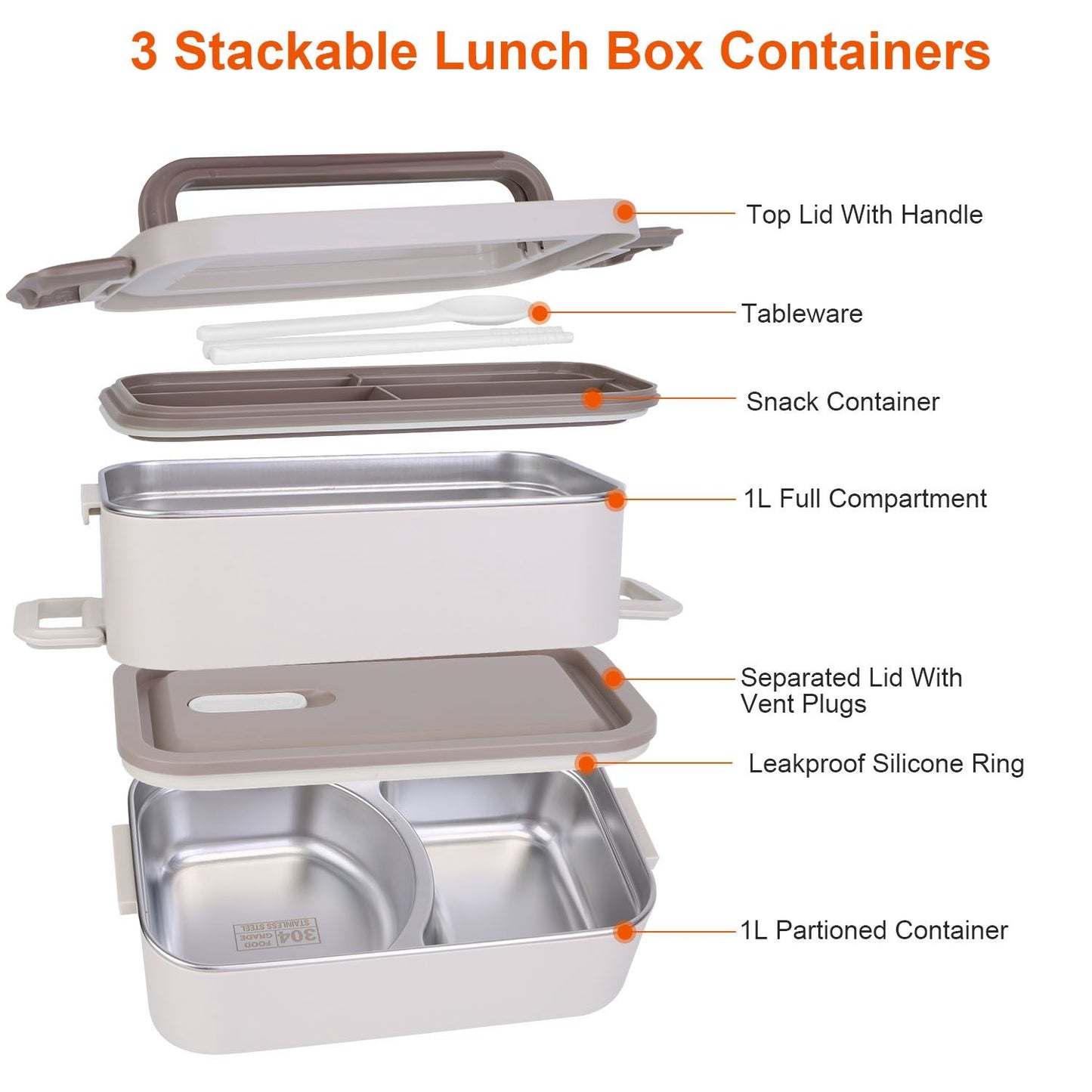 Stackable lunch box set featuring three containers: a top lid with handle, a snack container, and two compartments, including a 1L full compartment and a 1L partitioned container, designed with a leakproof silicone ring and vent plugs for convenience.