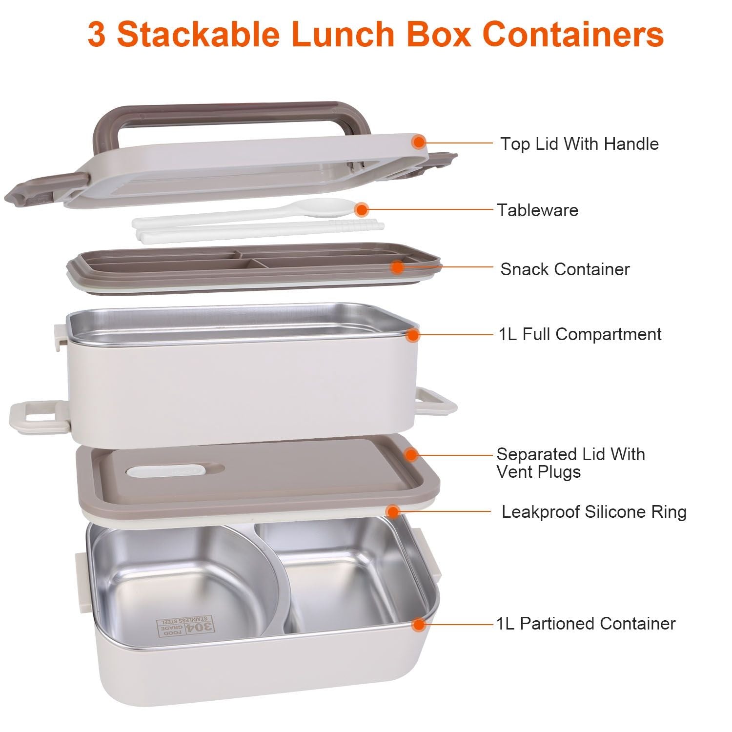 Stackable lunch box set featuring three containers: a top lid with handle, a snack container, and two compartments, including a 1L full compartment and a 1L partitioned container, designed with a leakproof silicone ring and vent plugs for convenience.