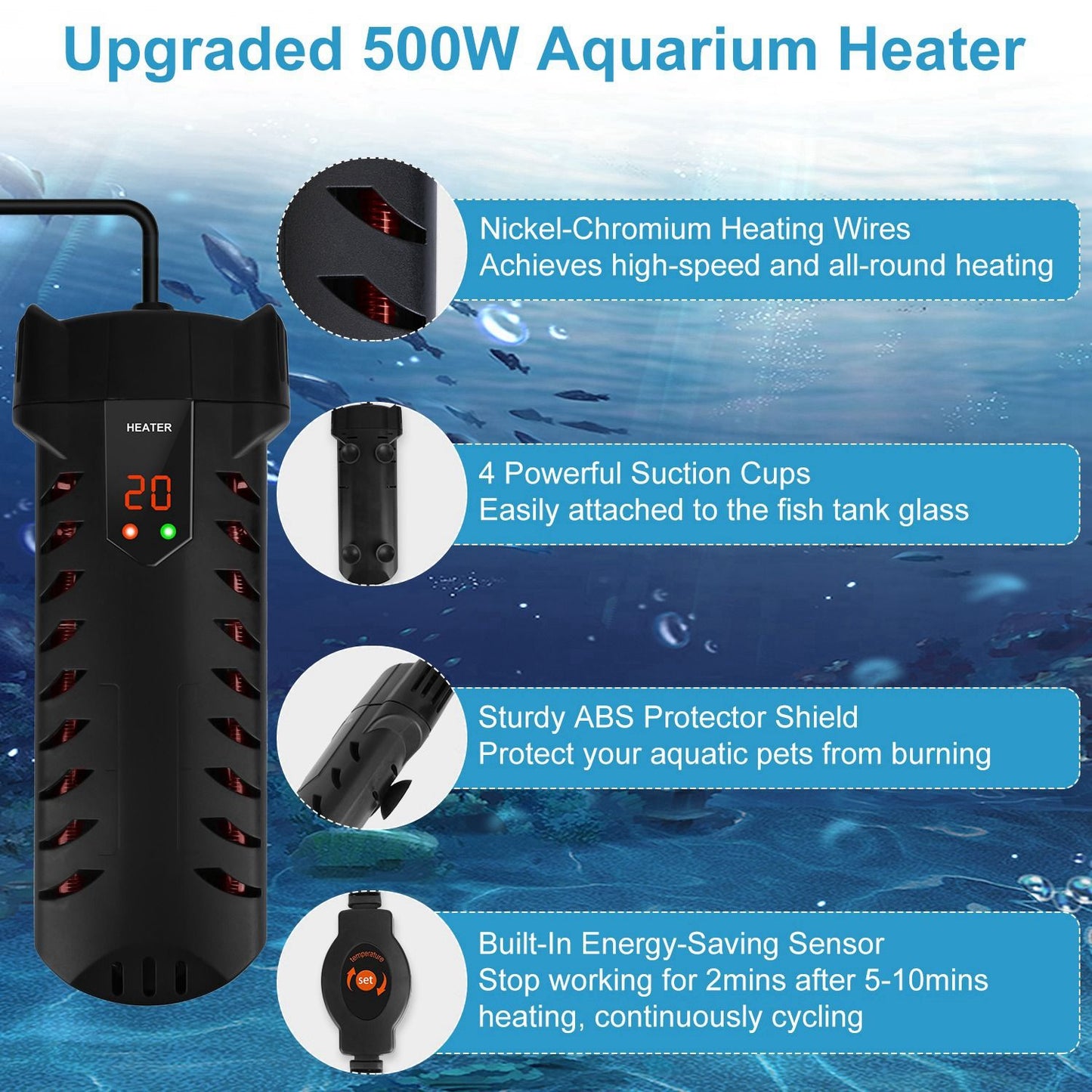 500W upgraded aquarium heater with digital temperature display, four suction cups, and built-in energy-saving sensor, designed for efficient and safe heating of fish tanks.