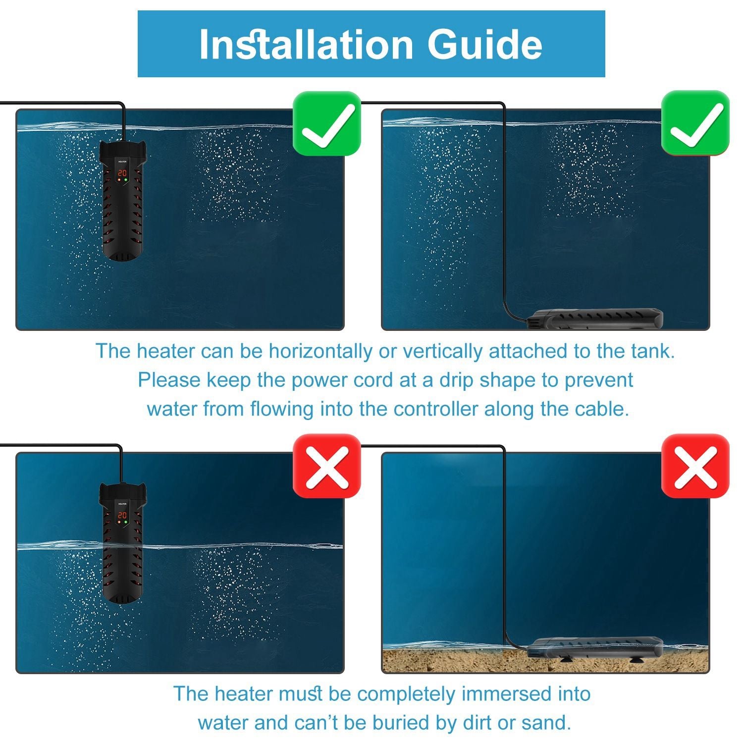 Installation guide for an aquarium heater showing correct and incorrect positioning with power cord management tips.