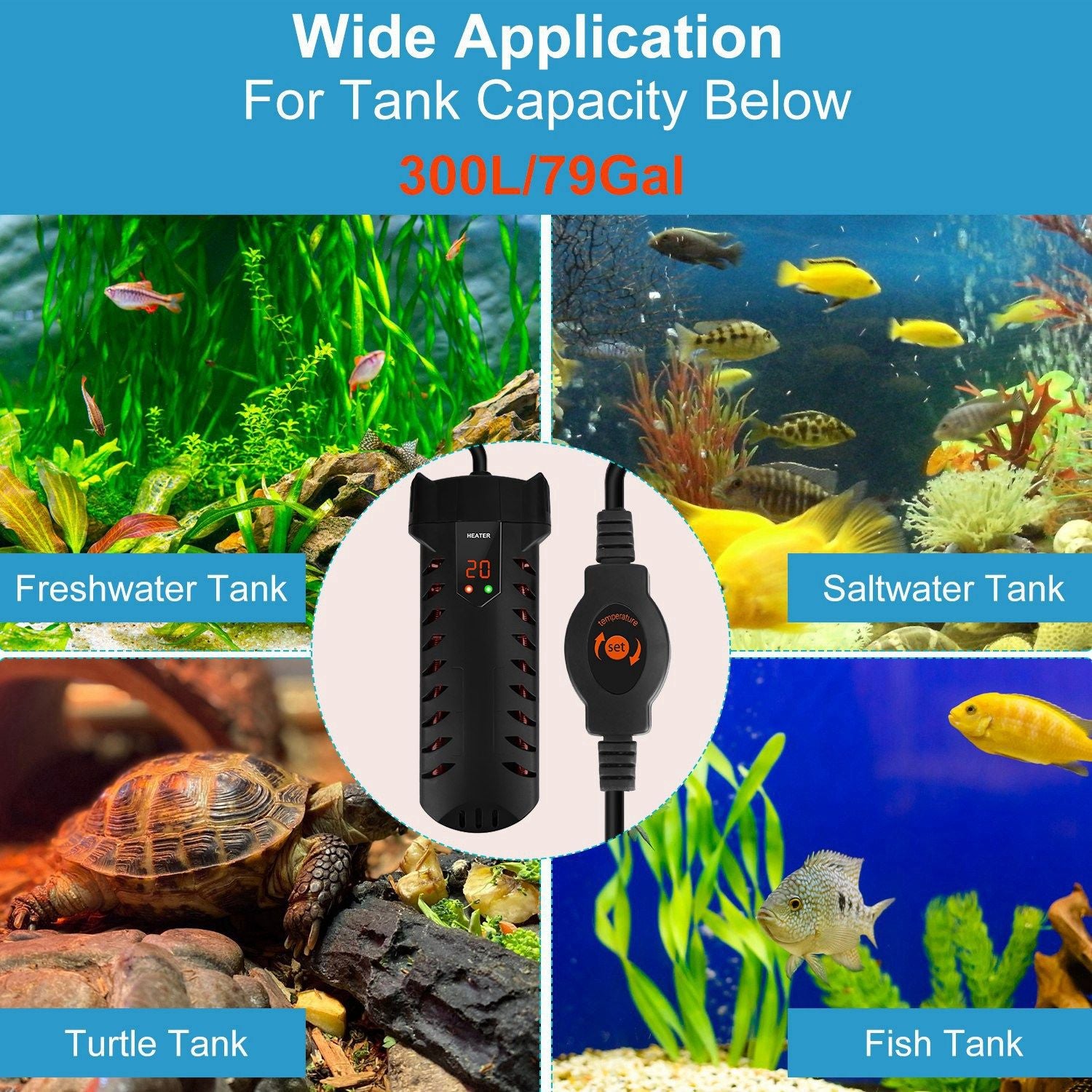 Heater for aquariums up to 300L/79Gal, featuring settings for freshwater, saltwater, turtle, and fish tanks, with a visible digital display and control switch.