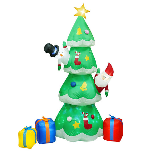 Inflatable Christmas tree decoration with Santa and snowman, topped with a star, surrounded by colorful gift boxes.