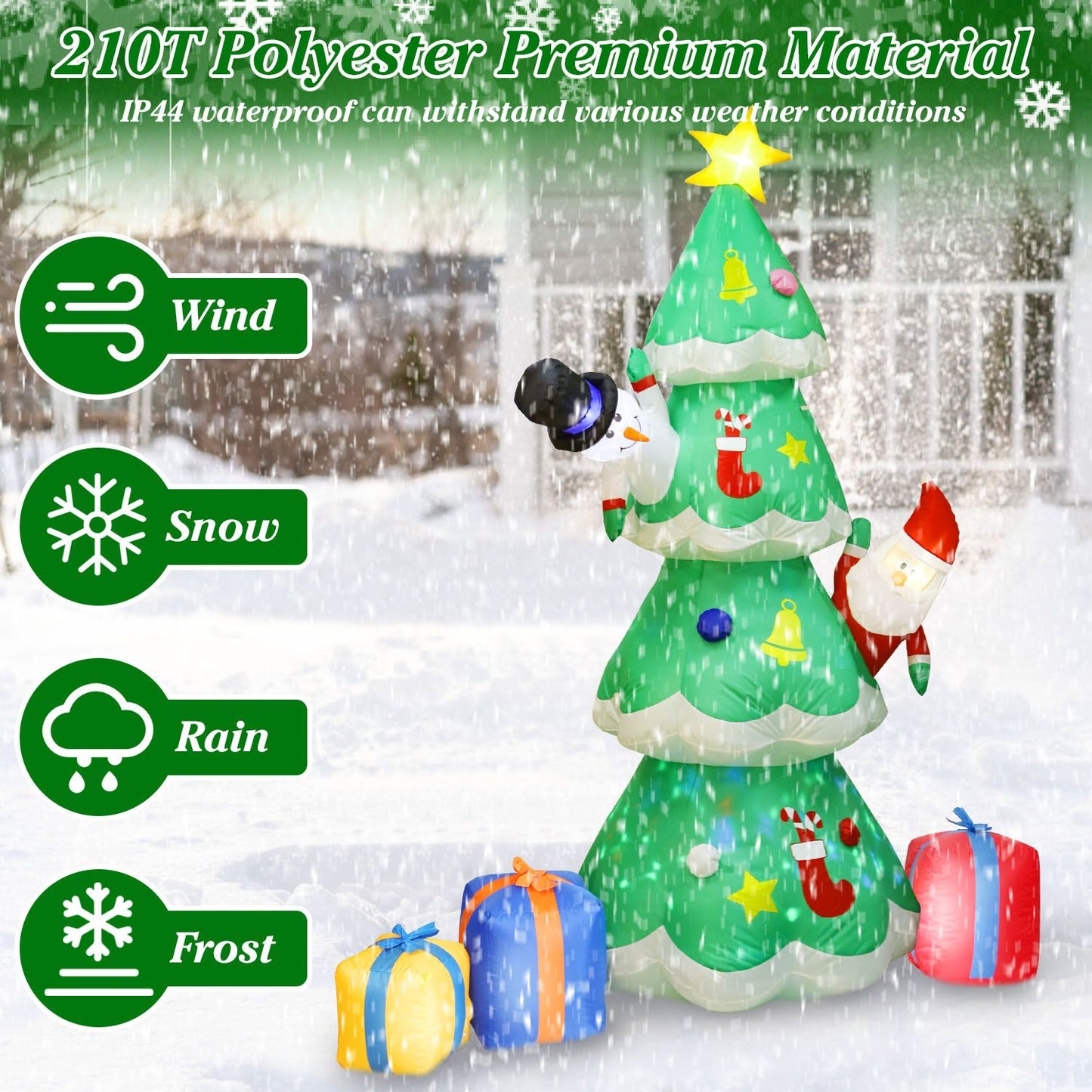 Inflatable Christmas tree with snowman and Santa decor, made of waterproof 210T polyester, surrounded by colorful presents, designed to withstand wind, snow, rain, and frost in winter weather.