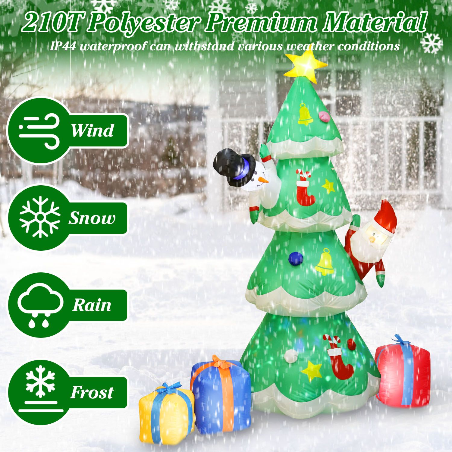 Inflatable Christmas tree with snowman and Santa decor, made of waterproof 210T polyester, surrounded by colorful presents, designed to withstand wind, snow, rain, and frost in winter weather.