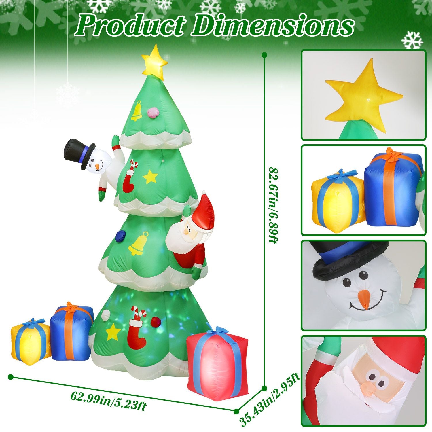 Inflatable Christmas tree decoration featuring a Santa Claus and snowman, with colorful presents at the base and dimensions displayed, ideal for festive holiday displays.