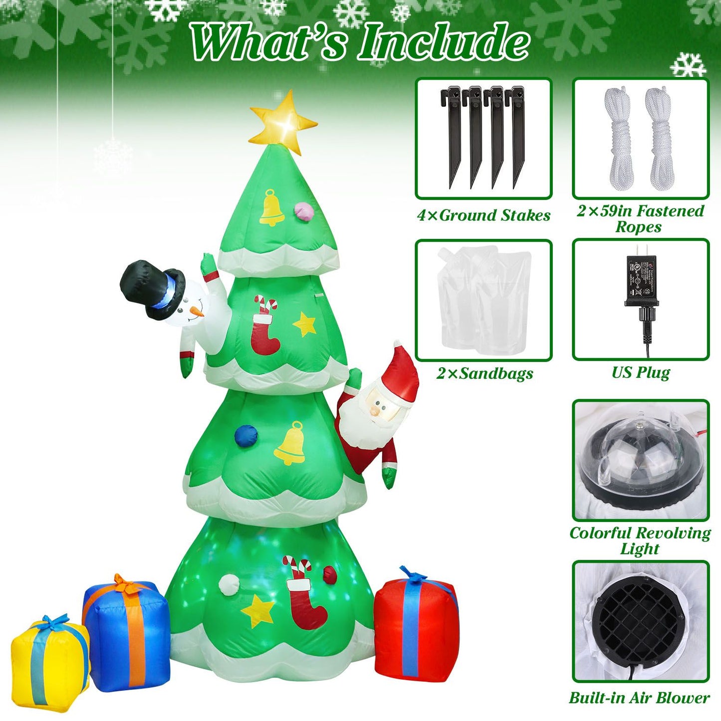 Inflatable Christmas tree decoration featuring Santa Claus, colorful presents, and a built-in air blower, with accessories including ground stakes and ropes for secure outdoor display.