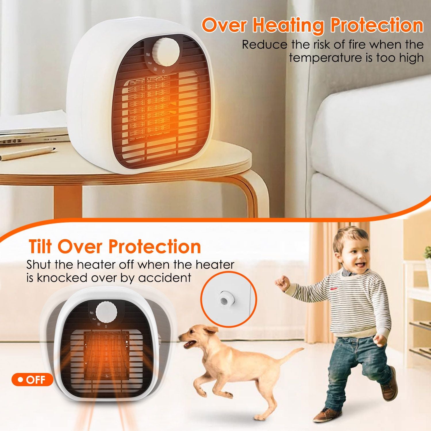 Compact portable heater with overheat and tilt protection features, placed on a modern table near a child and a dog, demonstrating safety and versatility for home use.