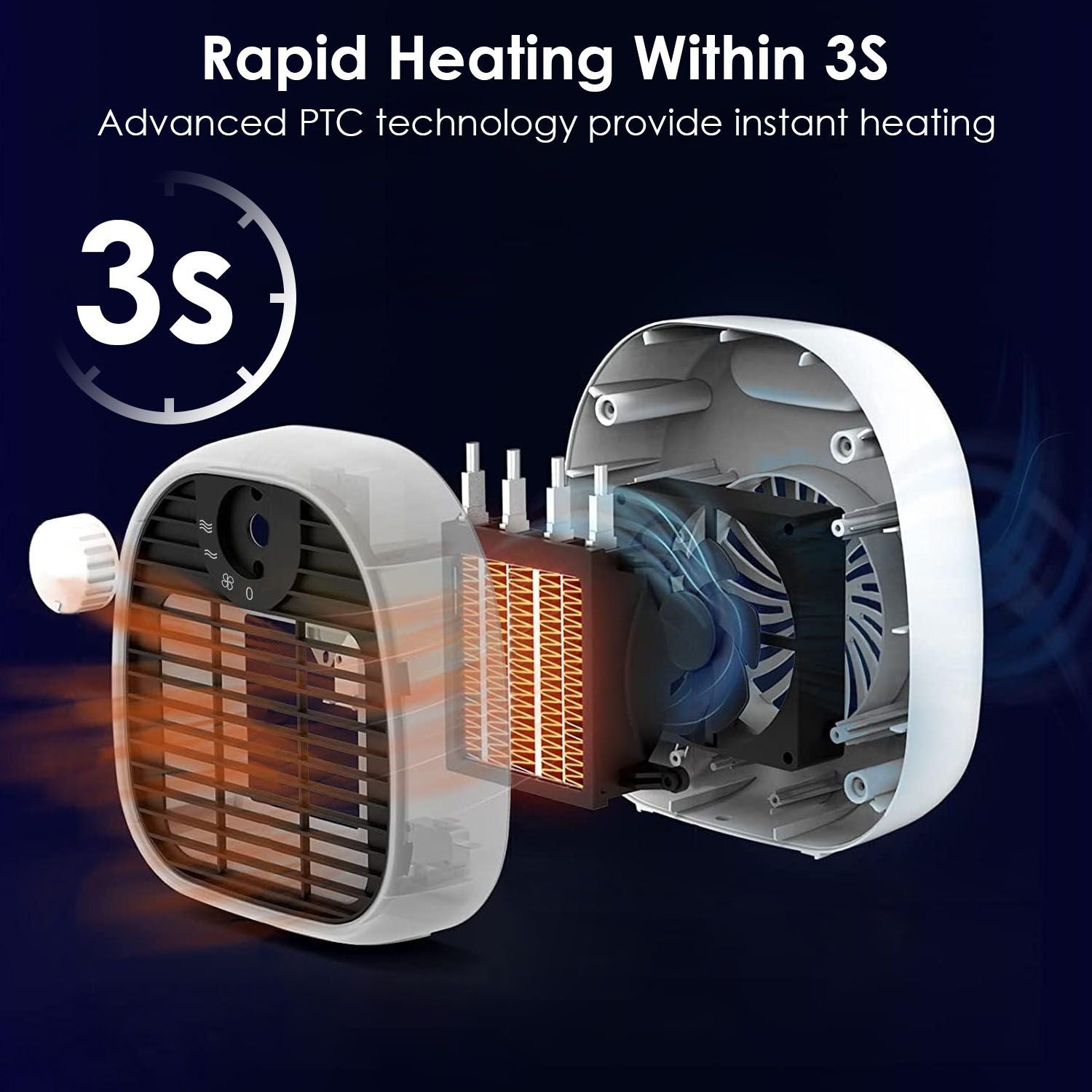 Compact electric heater showcasing rapid heating technology, highlighting the internal components and PTC heating element for instant warmth within 3 seconds.