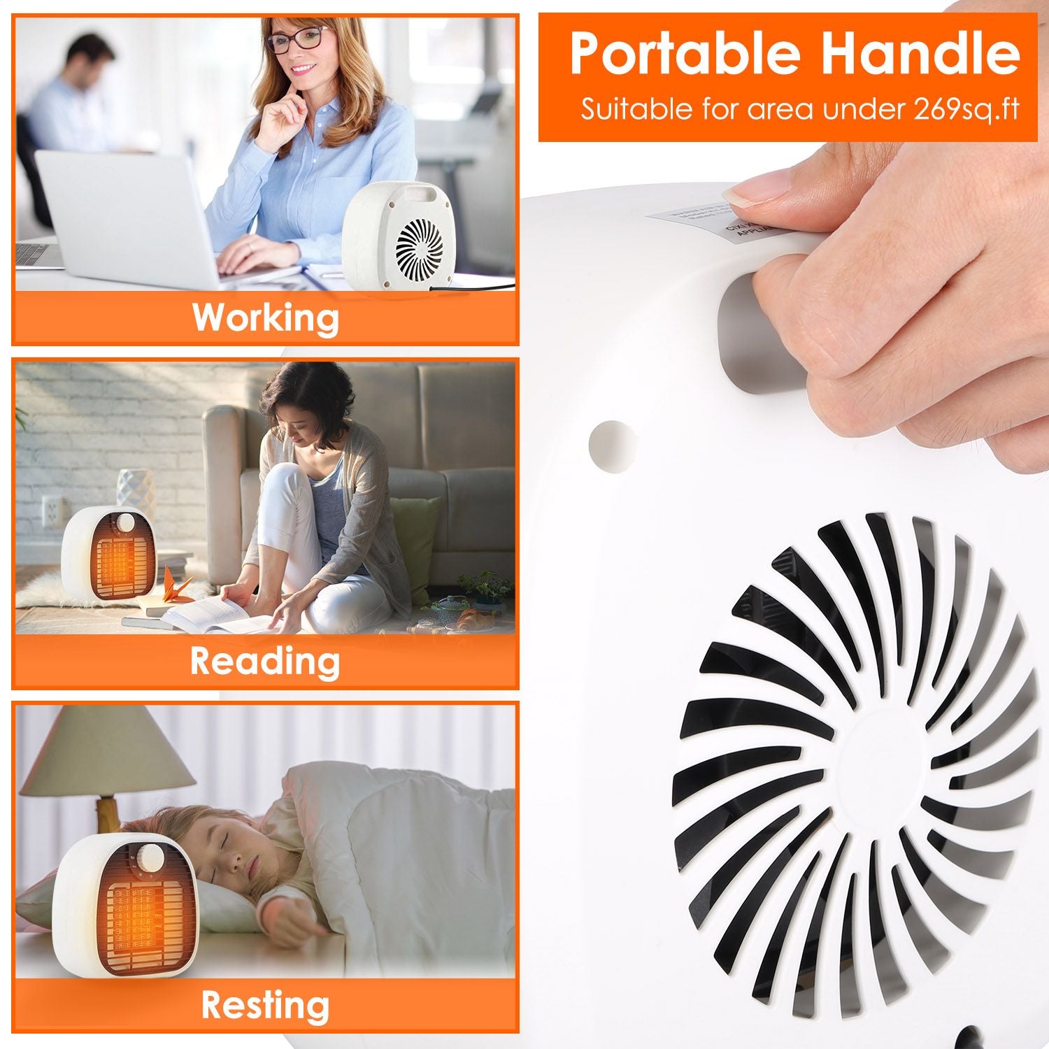 Portable heater with a handle, ideal for creating warmth while working, reading, or resting in spaces under 269 sq. ft.