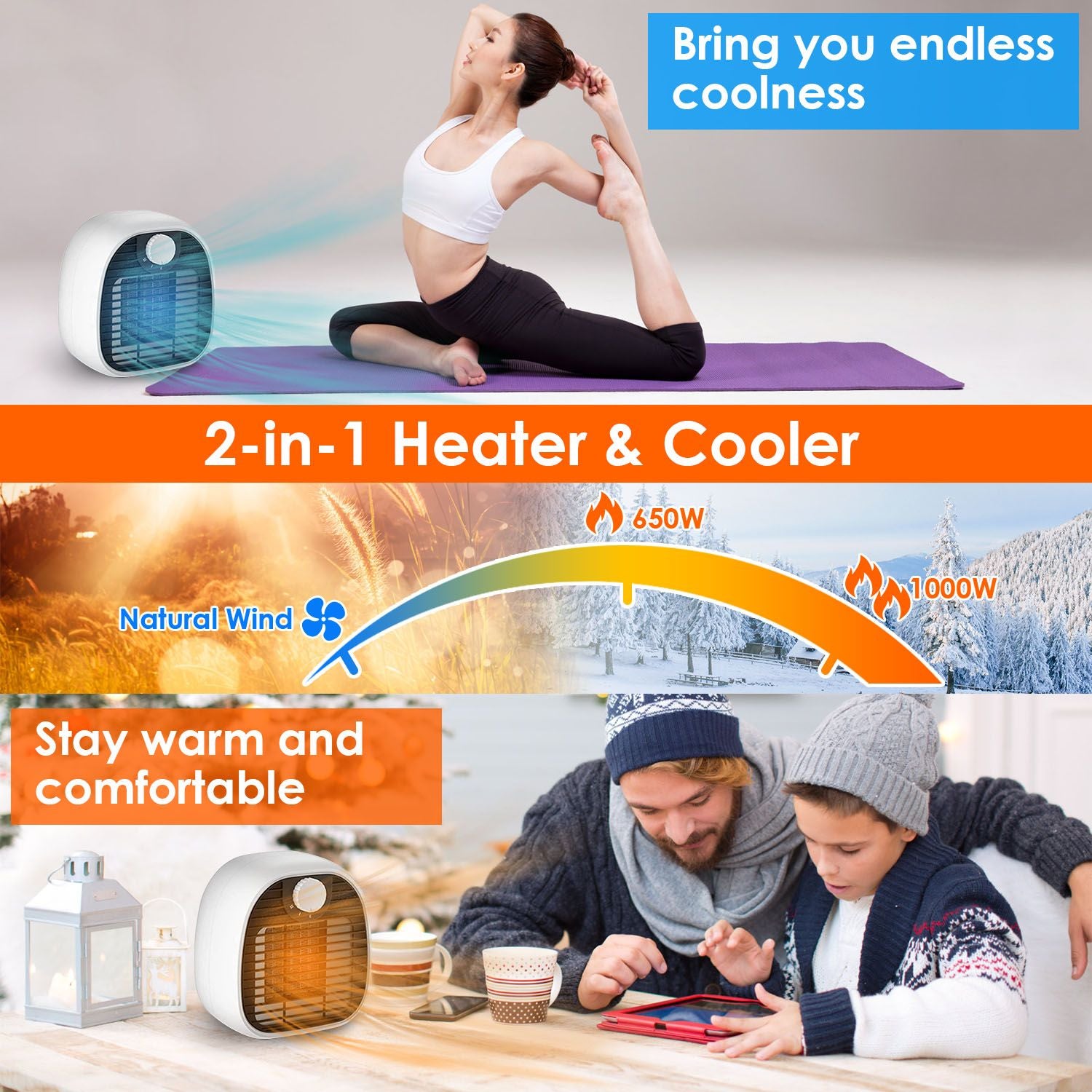 2-in-1 heater and cooler product offering versatile temperature control, featuring a user enjoying yoga with natural wind effects, and a cozy family scene illustrating warmth and comfort.