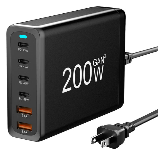 200W GaN charger with four USB-C ports and two USB-A ports, featuring a sleek black design and power indicator light.