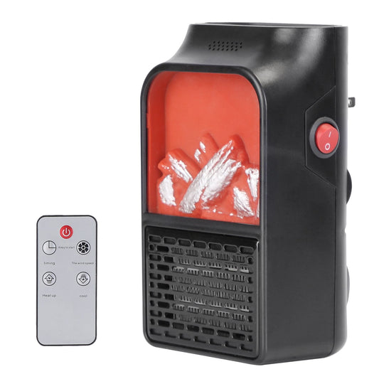 Compact portable heater with a remote control, featuring a realistic flame effect and adjustable settings for heat and cooling.