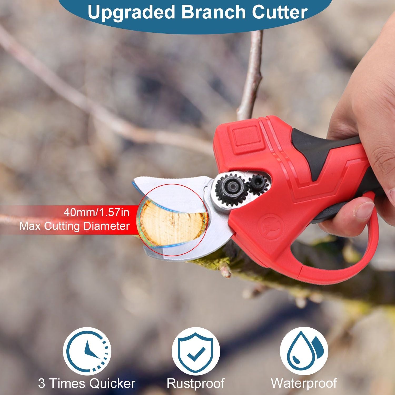 Upgraded branch cutter with a red ergonomic handle, cutting through a branch with a maximum diameter of 40mm; features highlighted benefits like rustproof and waterproof design.