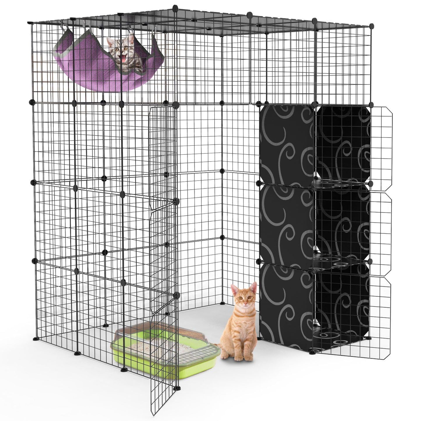 Cat enclosure featuring a purple hammock, black patterned boxes, litter box, and an orange tabby cat sitting at the entrance, designed for pet safety and enjoyment.