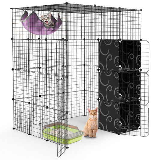 Cat enclosure featuring a purple hammock, black patterned boxes, litter box, and an orange tabby cat sitting at the entrance, designed for pet safety and enjoyment.