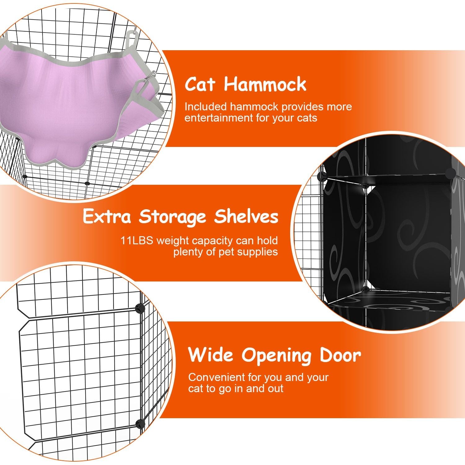 Cat hammock and storage shelves in a pet enclosure, featuring a wide opening door for easy access and a pink hammock for added entertainment.