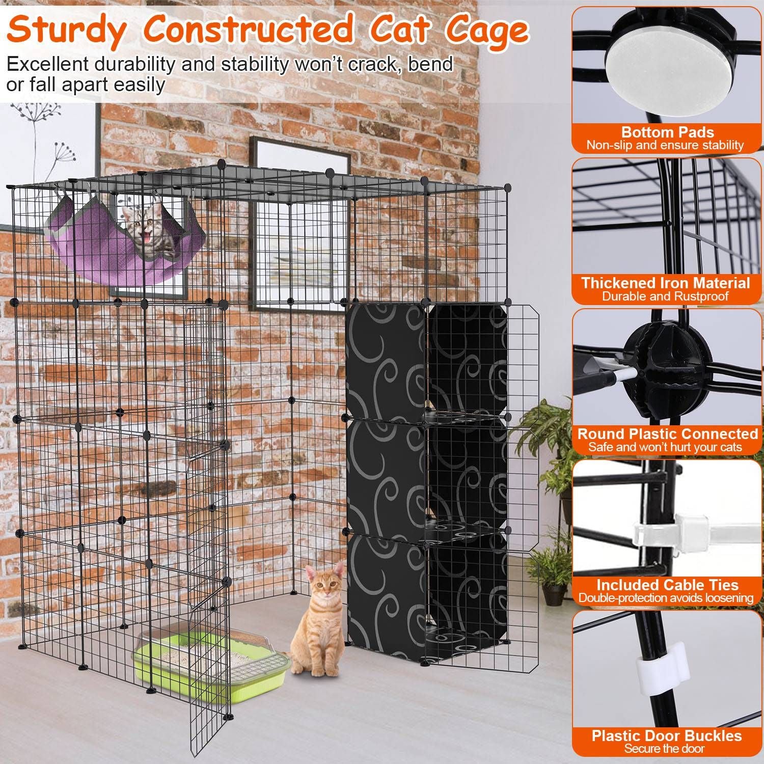 Sturdy cat cage featuring thick iron construction, non-slip bottom pads, and plush hammock, with an orange and black design, suitable for indoor pet use.