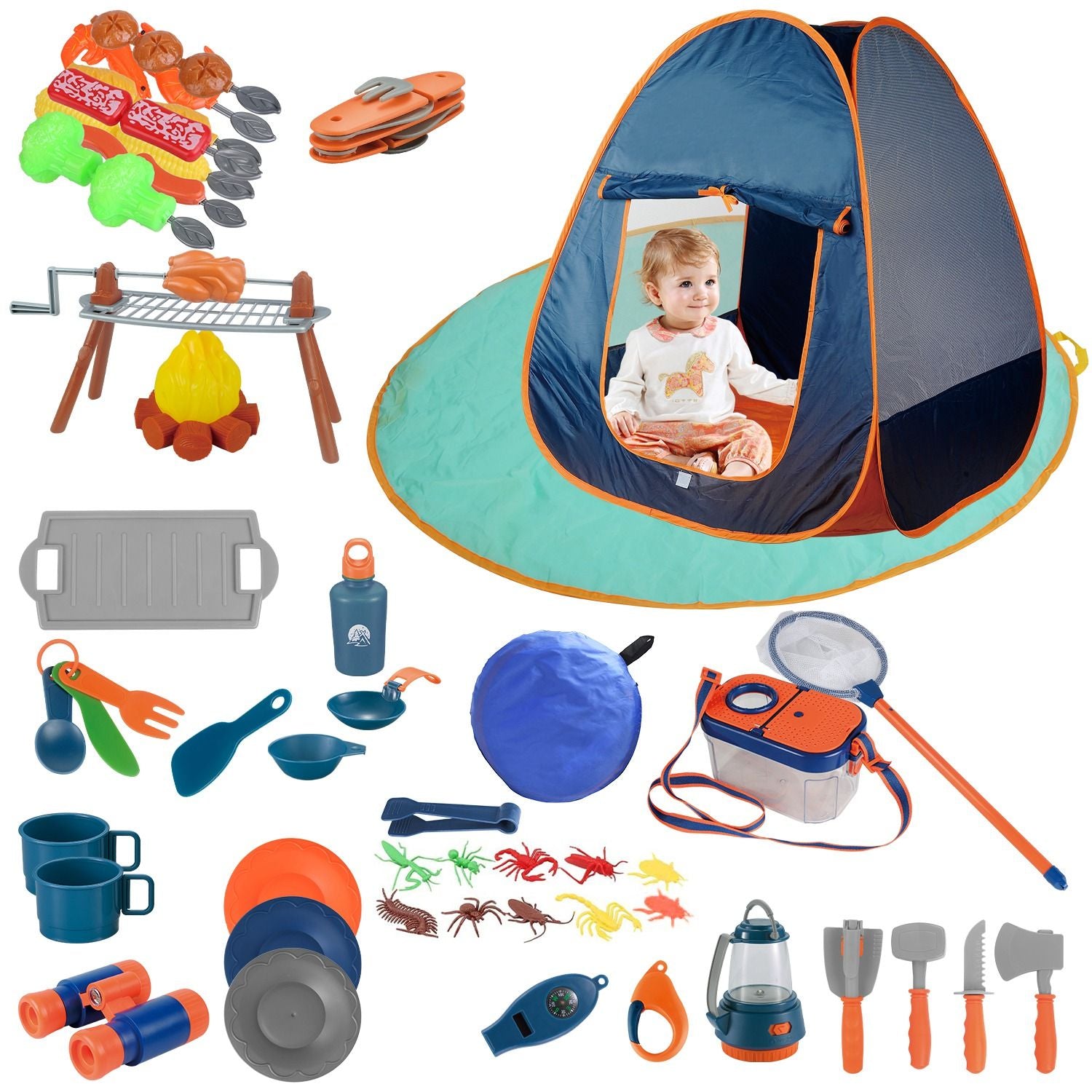 Colorful camping playset for kids featuring a pop-up tent, pretend cooking accessories, a toy campfire, and various utensils, promoting imaginative outdoor play.