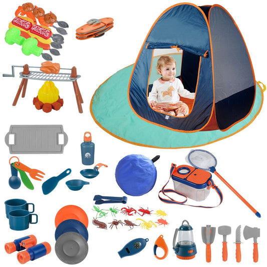 Colorful camping playset for kids featuring a pop-up tent, pretend cooking accessories, a toy campfire, and various utensils, promoting imaginative outdoor play.