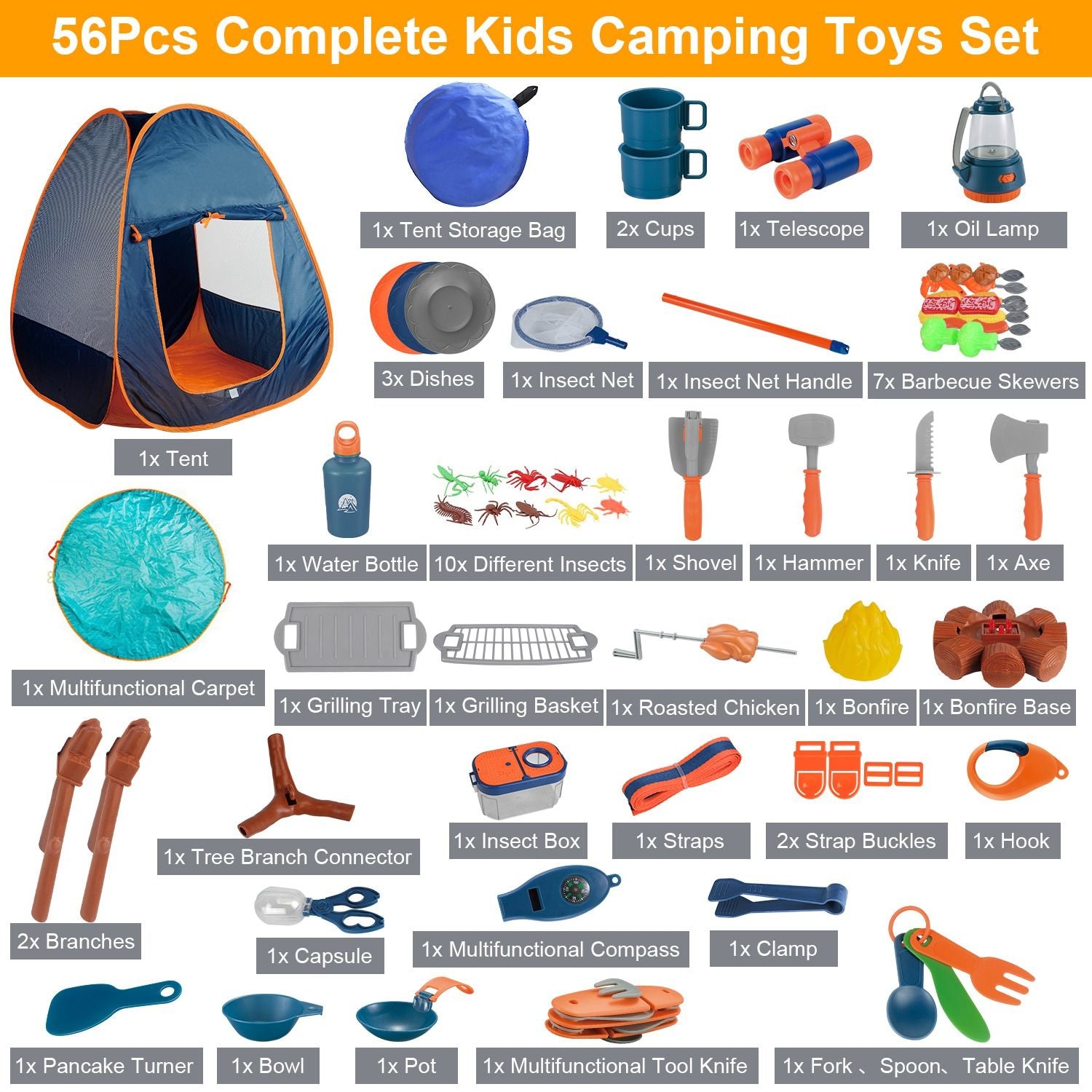 Complete kids camping toys set featuring a tent, cooking utensils, insect exploration tools, and various outdoor play items, perfect for imaginative outdoor adventures.