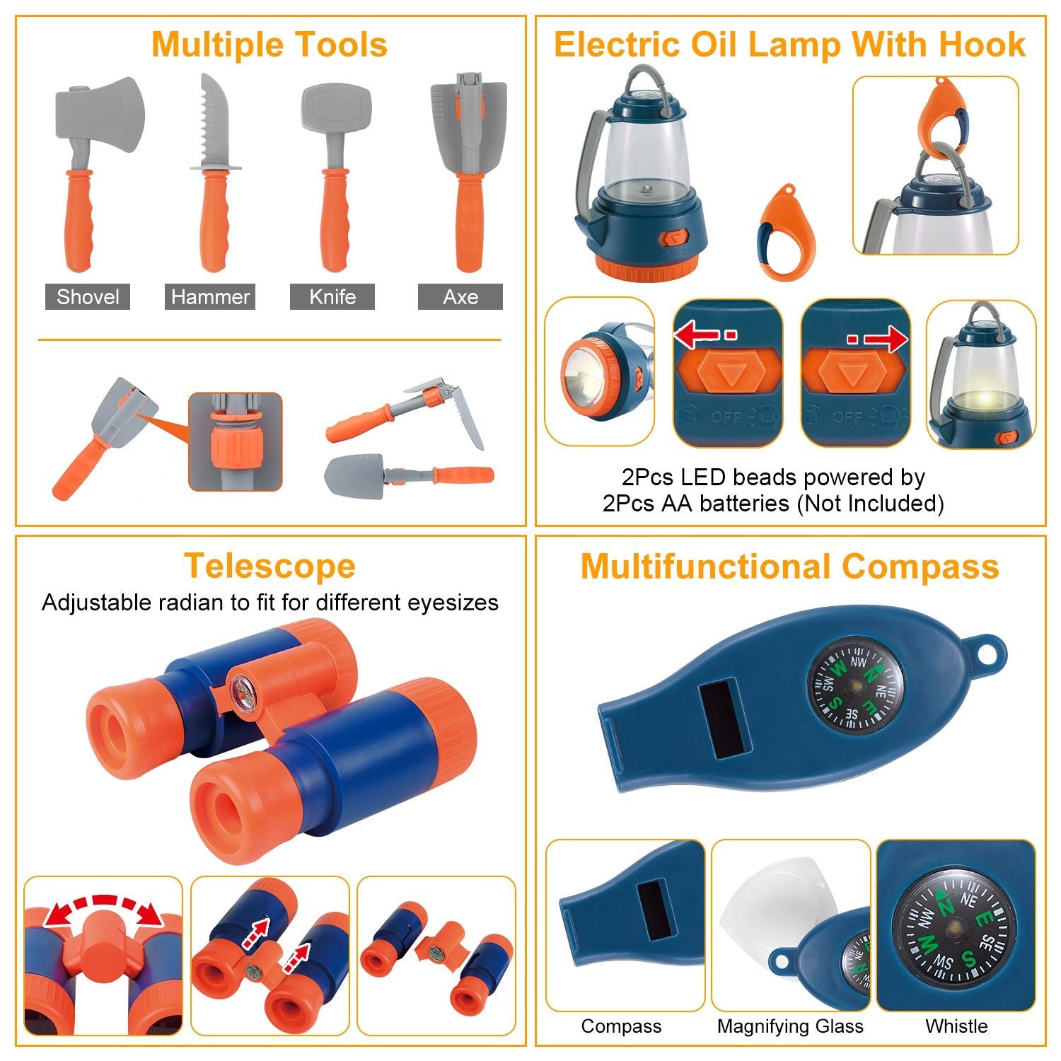 Image of a versatile outdoor multi-tool kit featuring a range of tools such as a shovel, hammer, knife, and axe; includes an electric oil lamp with hook, adjustable telescope for various eyesight needs, and a multifunctional compass with magnifying glass and whistle, suitable for camping and outdoor activities.