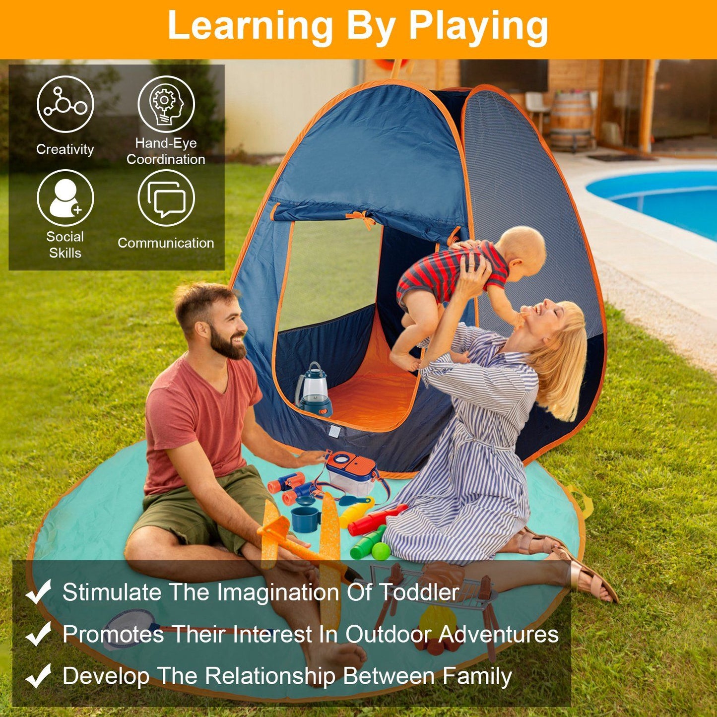 Family enjoying quality time in a colorful outdoor play tent, nurturing creativity and social skills while engaging in interactive play with a toddler.