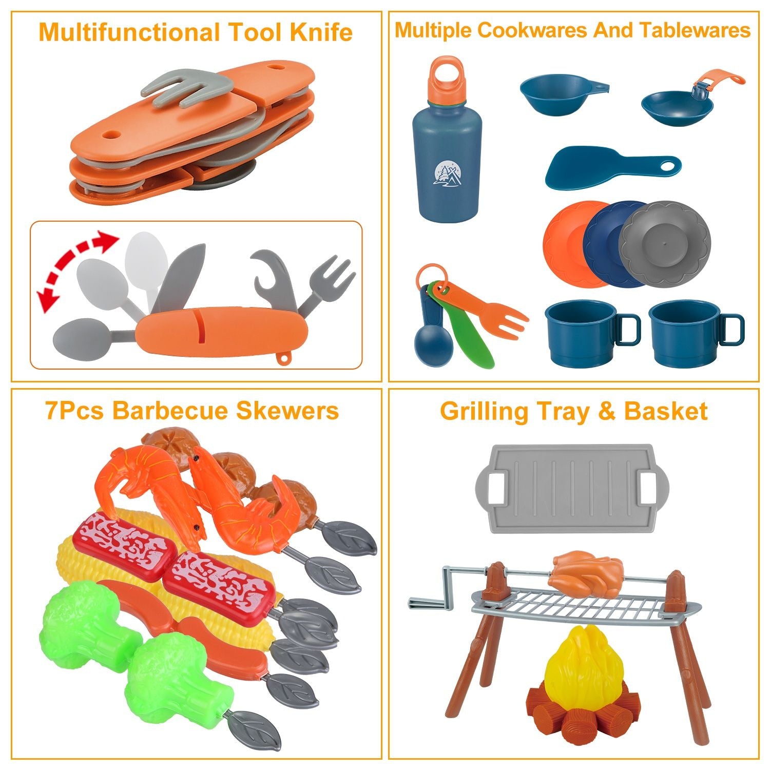 Collection of colorful outdoor cooking toys including a multifunctional tool knife, various cookwares, 7 barbecue skewers featuring plastic food items, and a grilling tray with a basket.