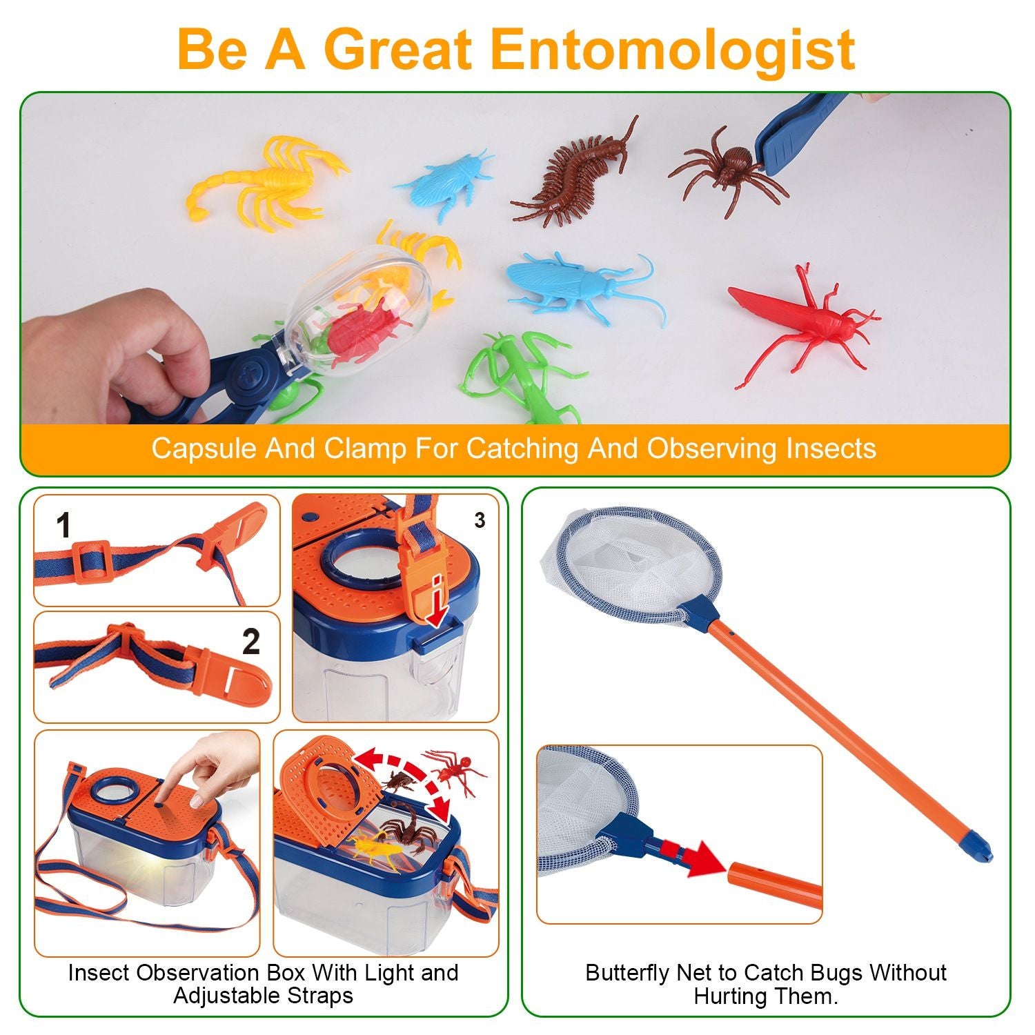 Colorful insect-catching kit featuring a hand-held capsule clamp, insect observation box with light, and butterfly net designed for safe bug catching and observation.