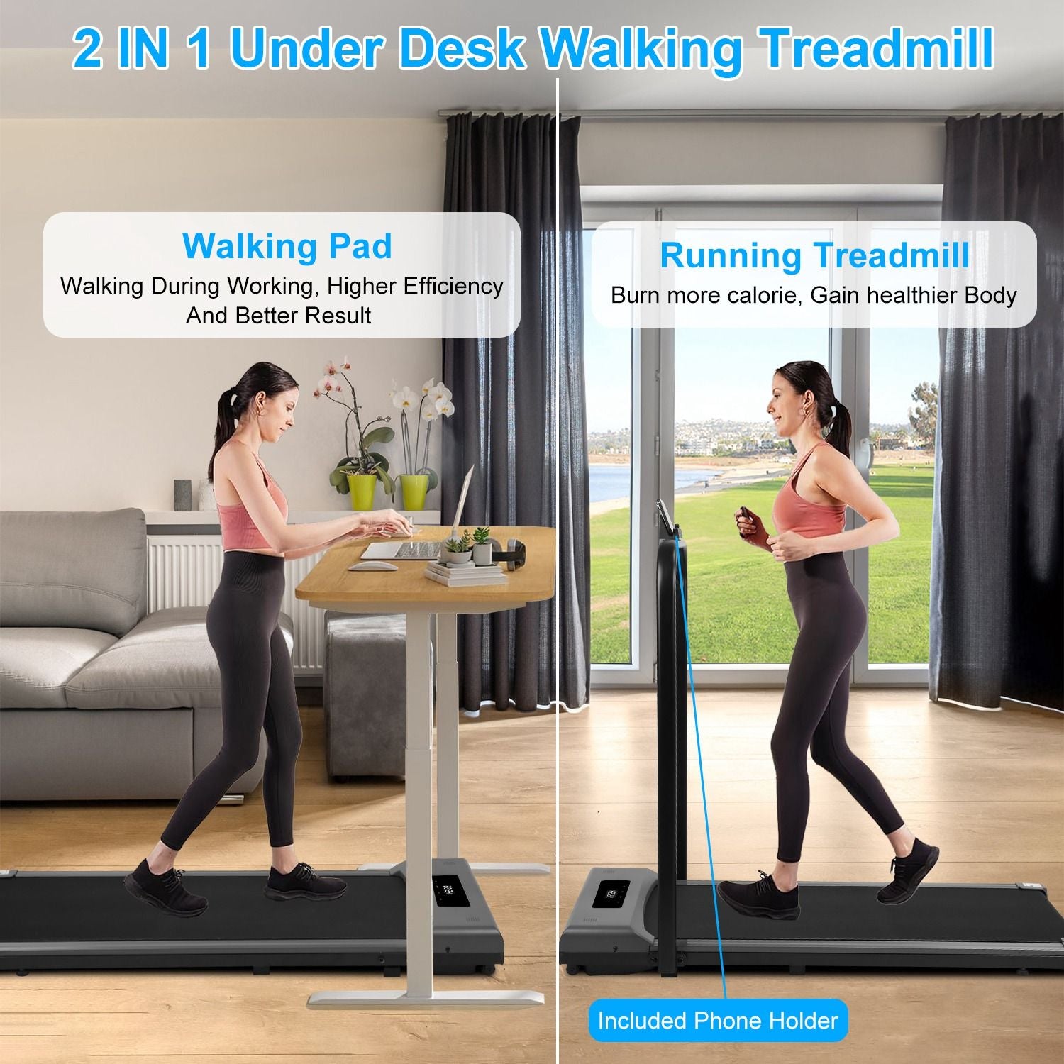 2-in-1 under desk walking treadmill featuring a walking pad for work efficiency and a running option for calorie burning, displayed with a woman walking and another jogging in a modern home setting.