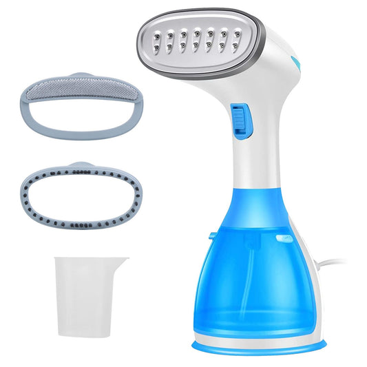 Handheld garment steamer with a blue water tank, multiple attachments for different fabric types, and a measuring cup for easy filling.