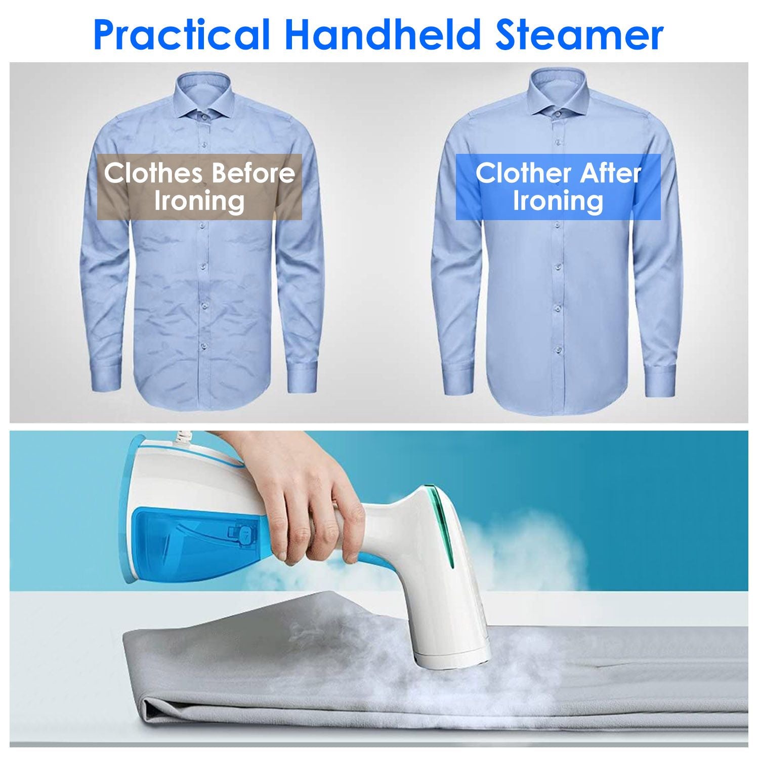 Handheld steamer demonstrating clothing before and after steaming, showcasing wrinkle removal on a light blue shirt and a steaming device in use.