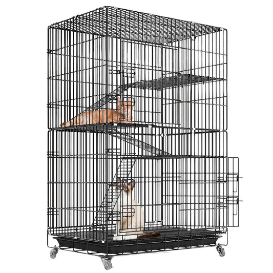 Three-story cat cage featuring two cats lounging, made of durable wire with removable trays and wheels for easy mobility.