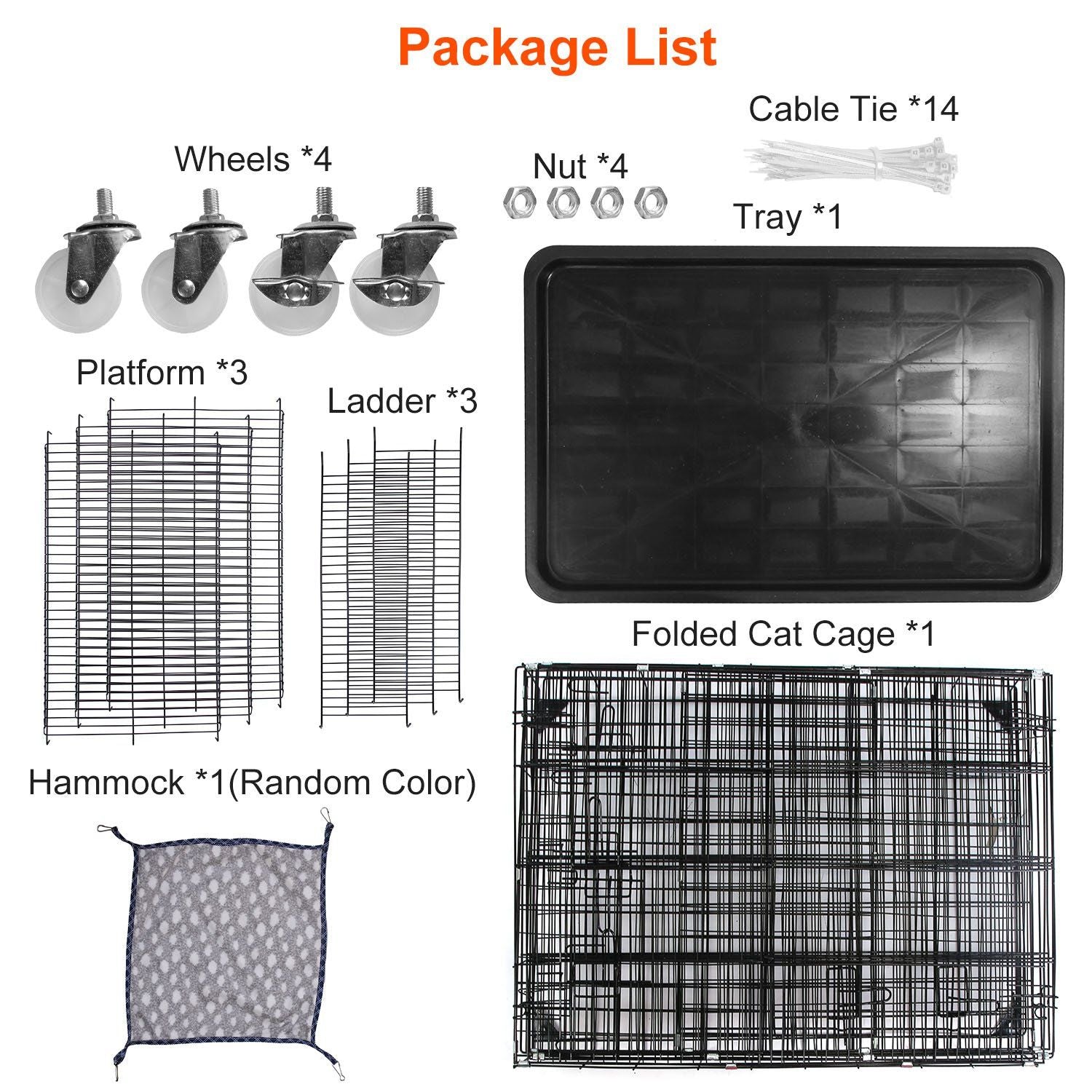 Product package list for a multi-level cat cage, featuring components such as four wheels, three platforms, three ladders, a tray, a folded cat cage, a hammock in random color, and fourteen cable ties, all essential for assembly and functionality.