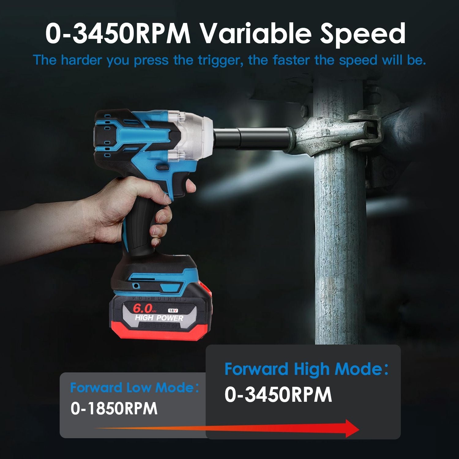 High torque cordless impact wrench with variable speed up to 3450 RPM, showcasing ergonomic grip and powerful battery.