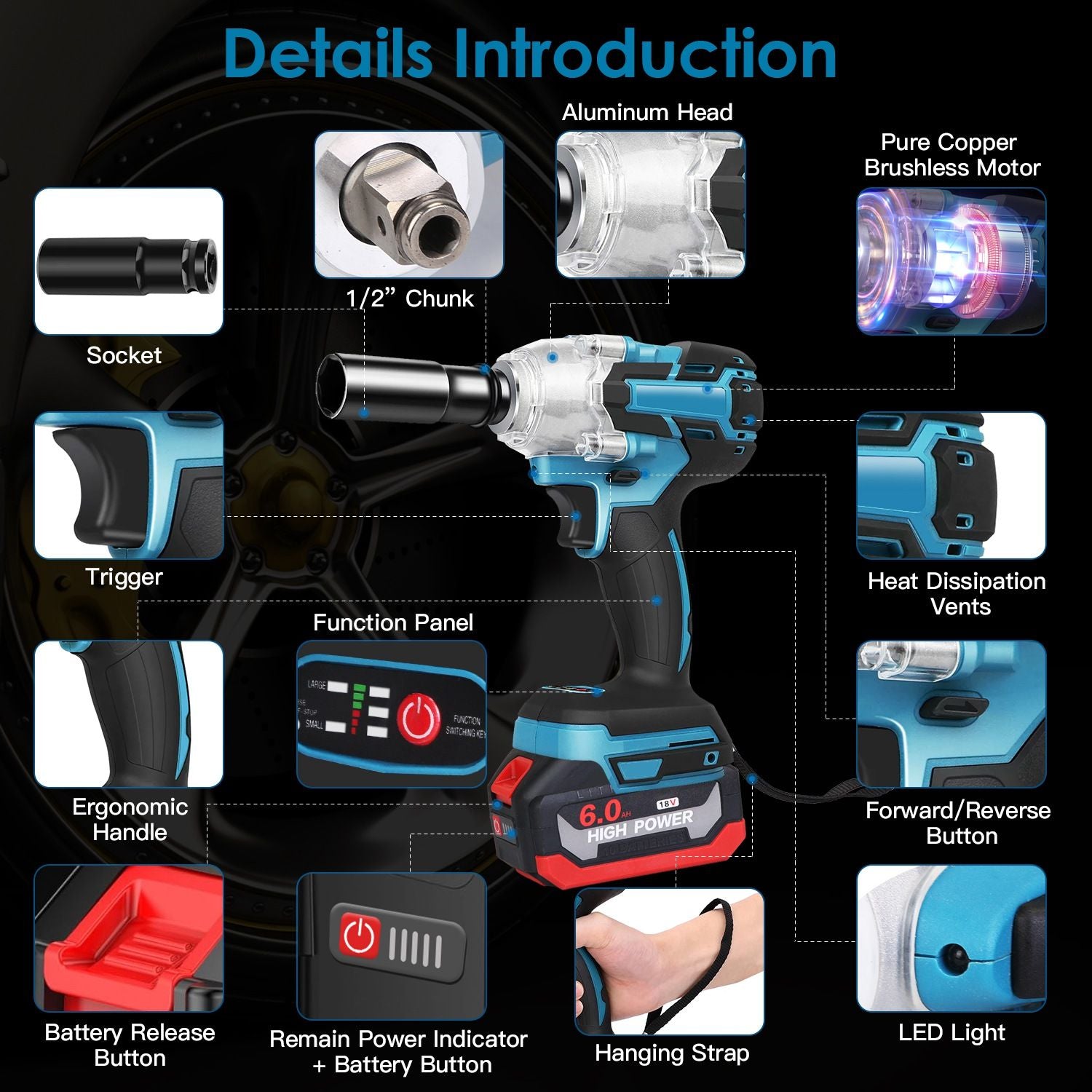 Cordless impact wrench featuring an aluminum head, pure copper brushless motor, ergonomic handle, function panel, and LED light, designed for high power and efficiency with a 1/2 inch chuck and heat dissipation vents.