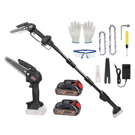 Electric pole saw kit with adjustable extension, two 24V rechargeable batteries, safety gloves, goggles, extra chains, and tools for easy maintenance.