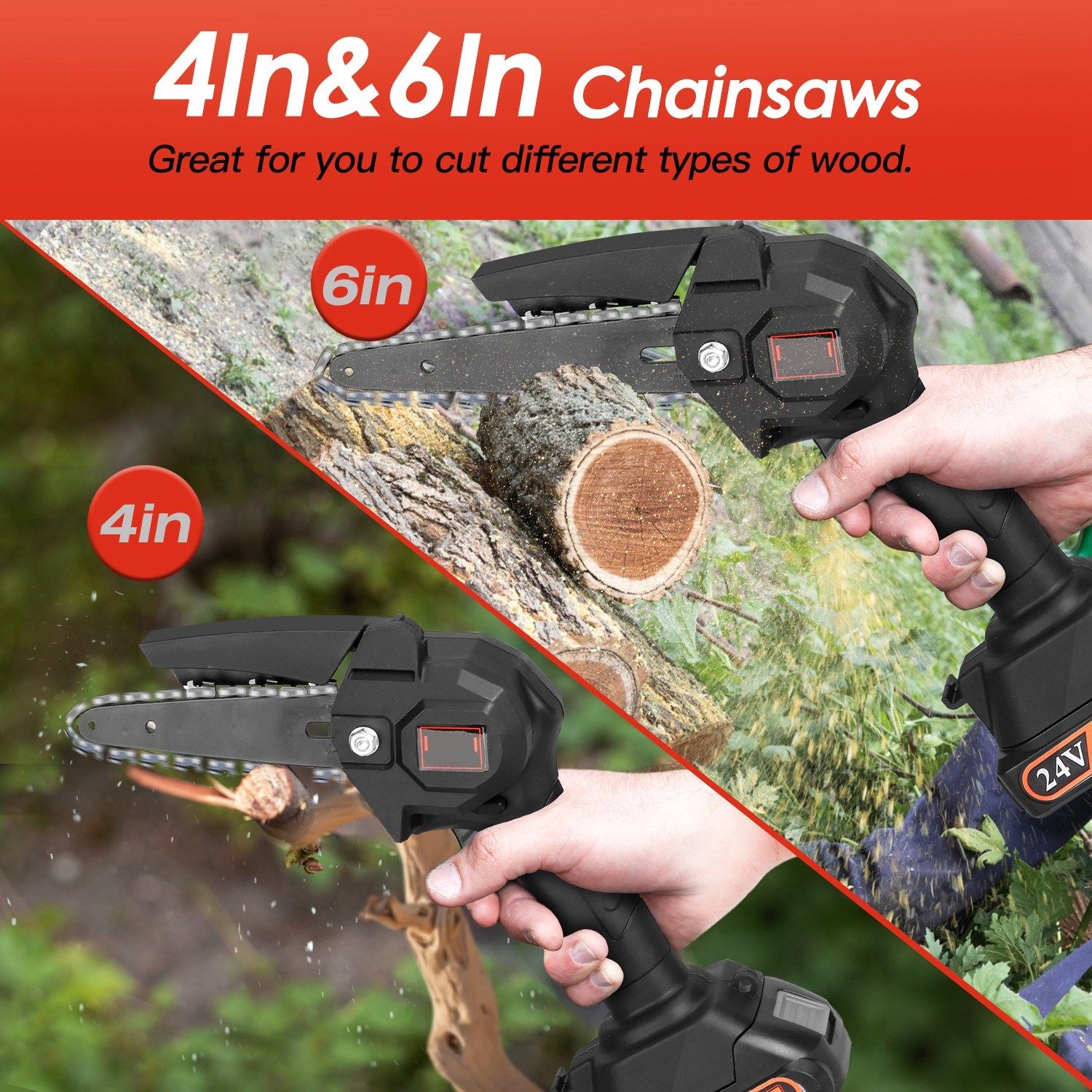 Image of a versatile 4-inch and 6-inch chainsaw, showcasing its dual feature for cutting various types of wood, being held by a person with sawdust flying from the cutting action.