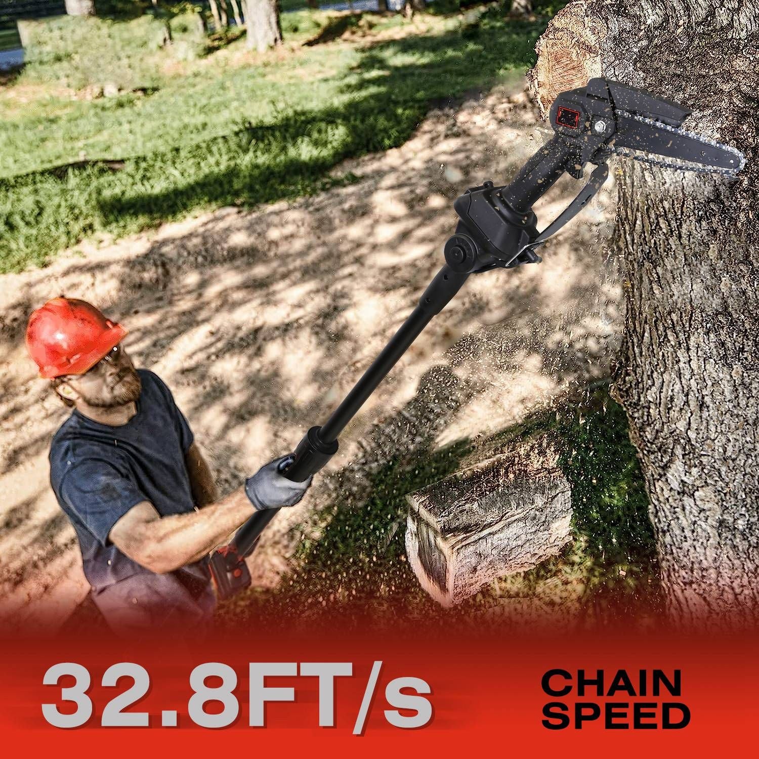 Professional arborist using a pole saw for tree trimming, showcasing cutting action with 32.8 FT/s chain speed.
