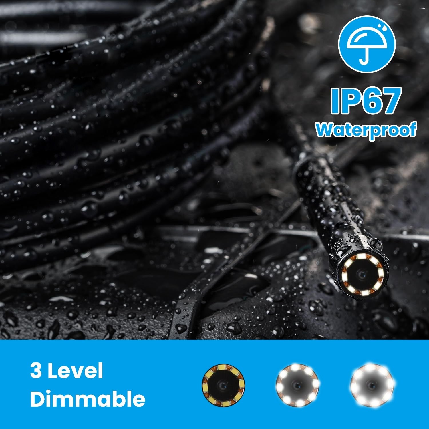 Waterproof IP67 dimmable LED light strip on a wet surface, showcasing a close-up of the light's adjustable brightness settings, ideal for outdoor or indoor use.