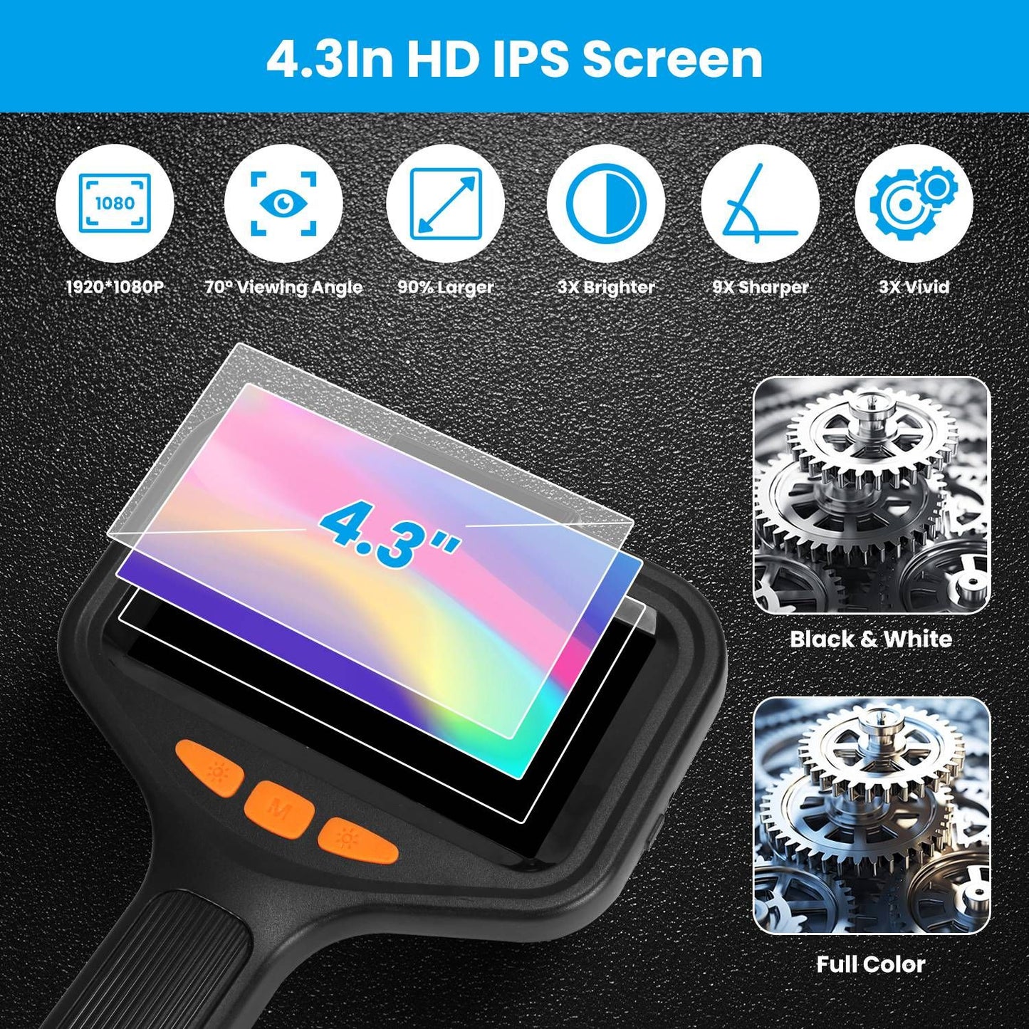 4.3-inch HD IPS display on a handheld device, showcasing features like 1080P resolution, enhanced brightness, and vibrant color options for optimal viewing experience.