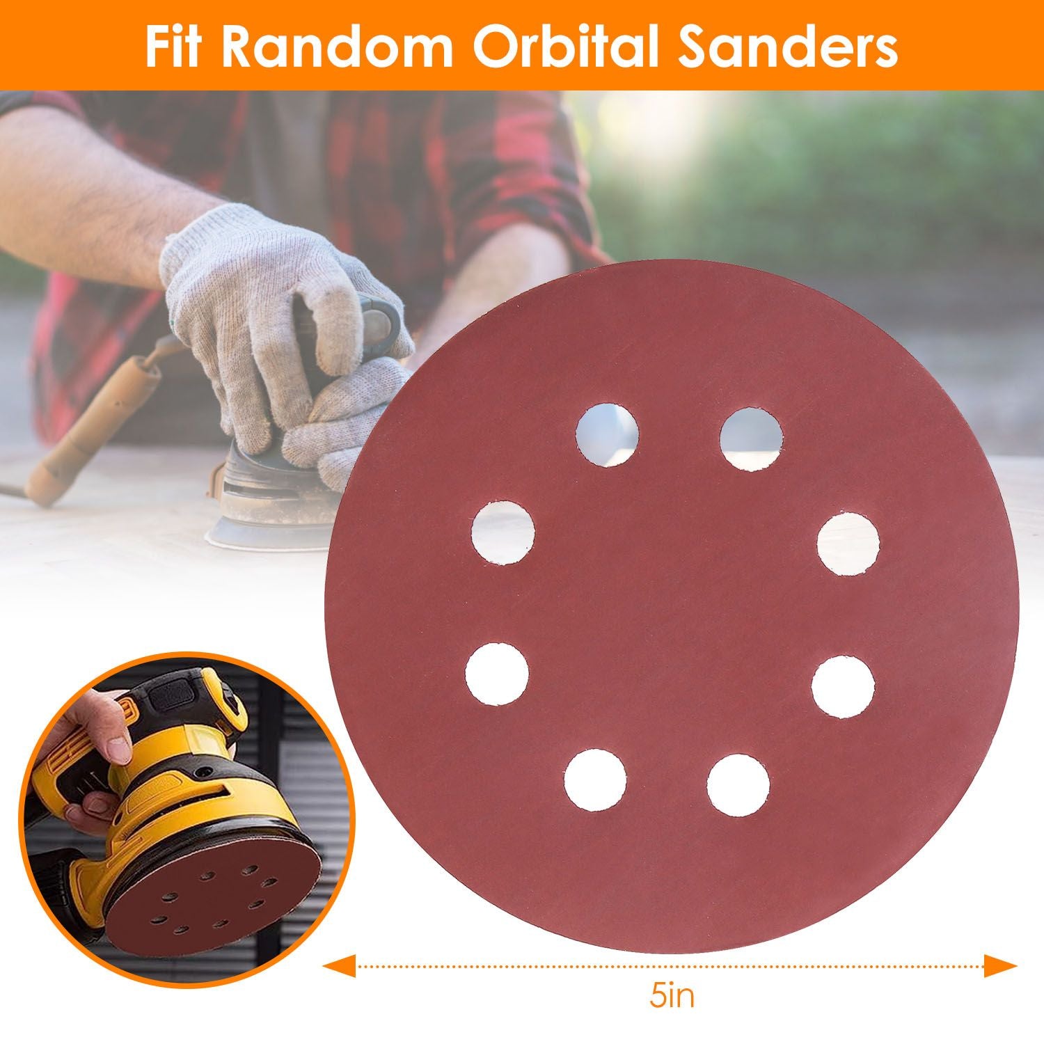 5-inch red sanding disc for random orbital sanders, showing air holes for efficient dust extraction, with a craftsman using a sander in the background.