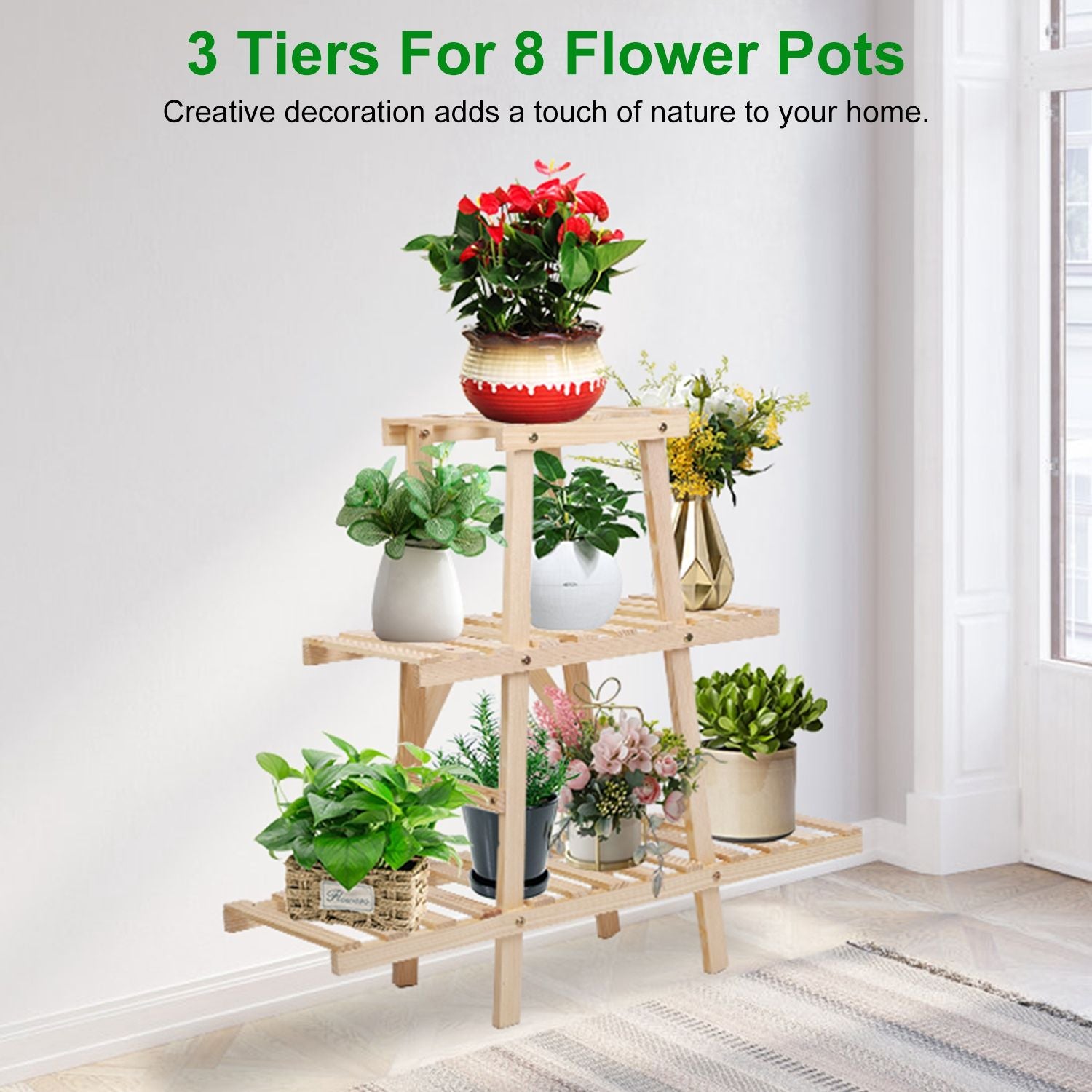 Wooden plant stand showcasing three tiers for eight flower pots, decorated with vibrant flowers and greenery, enhancing home decor with a natural touch.