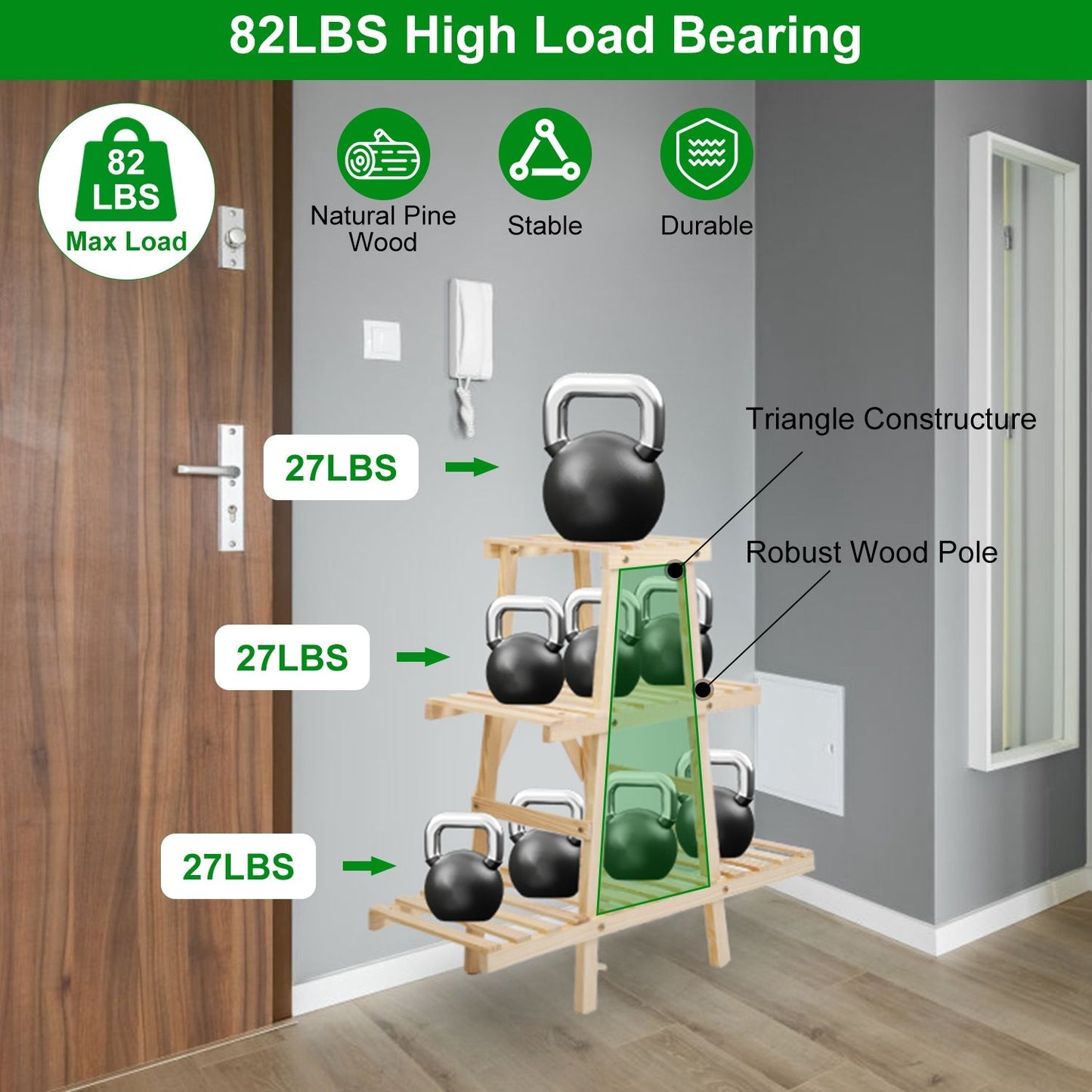 High-load bearing kettlebell rack made from natural pine wood, displaying stable and durable construction, designed to hold a maximum of 82 lbs with four 27 lbs kettlebells organized neatly on a triangular shelf design.