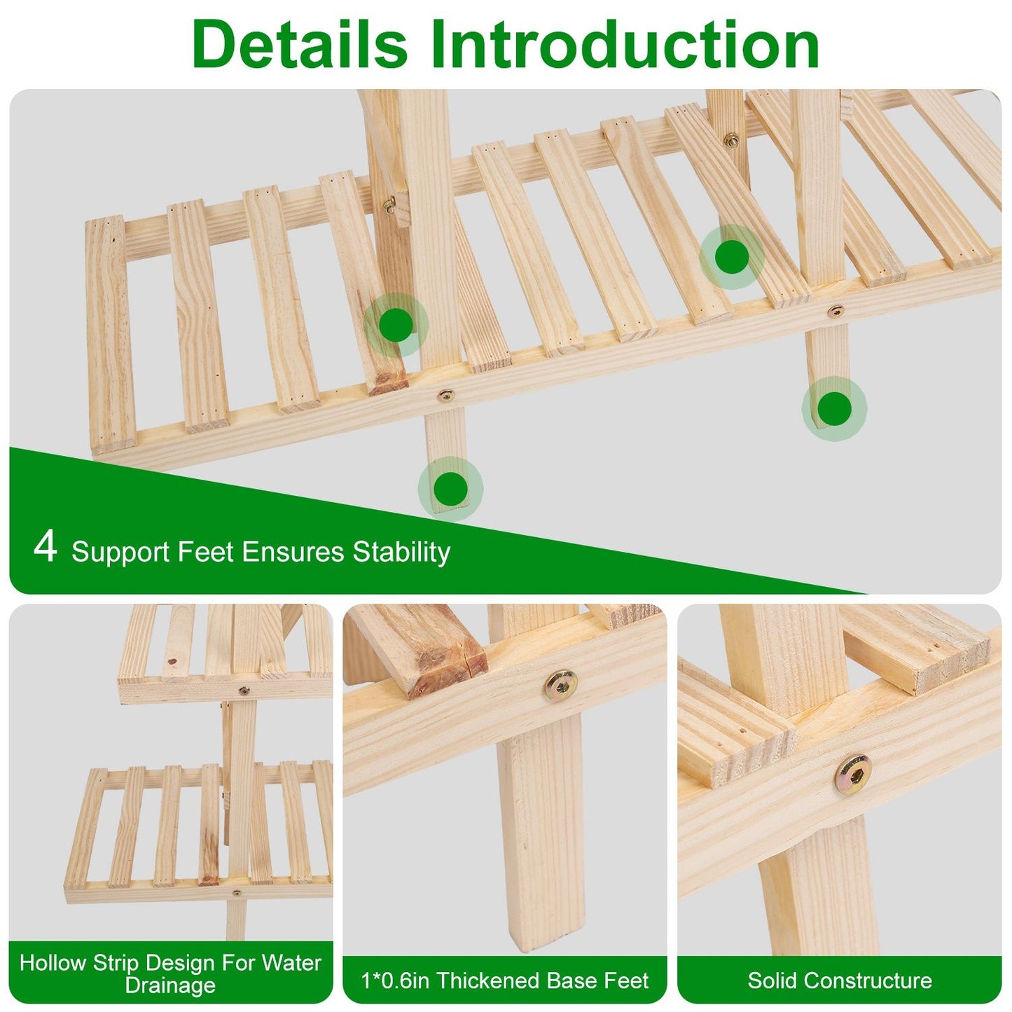 Wooden plant stand featuring a stable design with four support feet for enhanced stability, highlighted details of solid construction, hollow strip design for water drainage, and thickened base feet.
