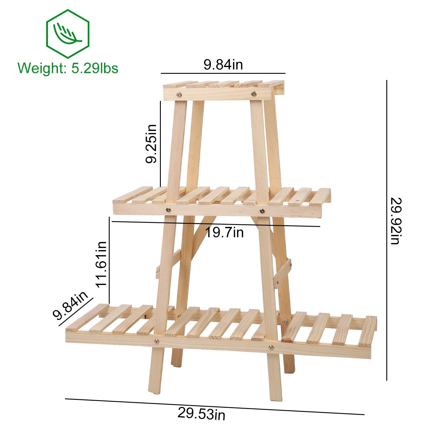 Wooden tiered plant stand with dimensions labeled: 29.92 inches high, 29.53 inches wide, and 19.7 inches deep, weighing 5.29 lbs.