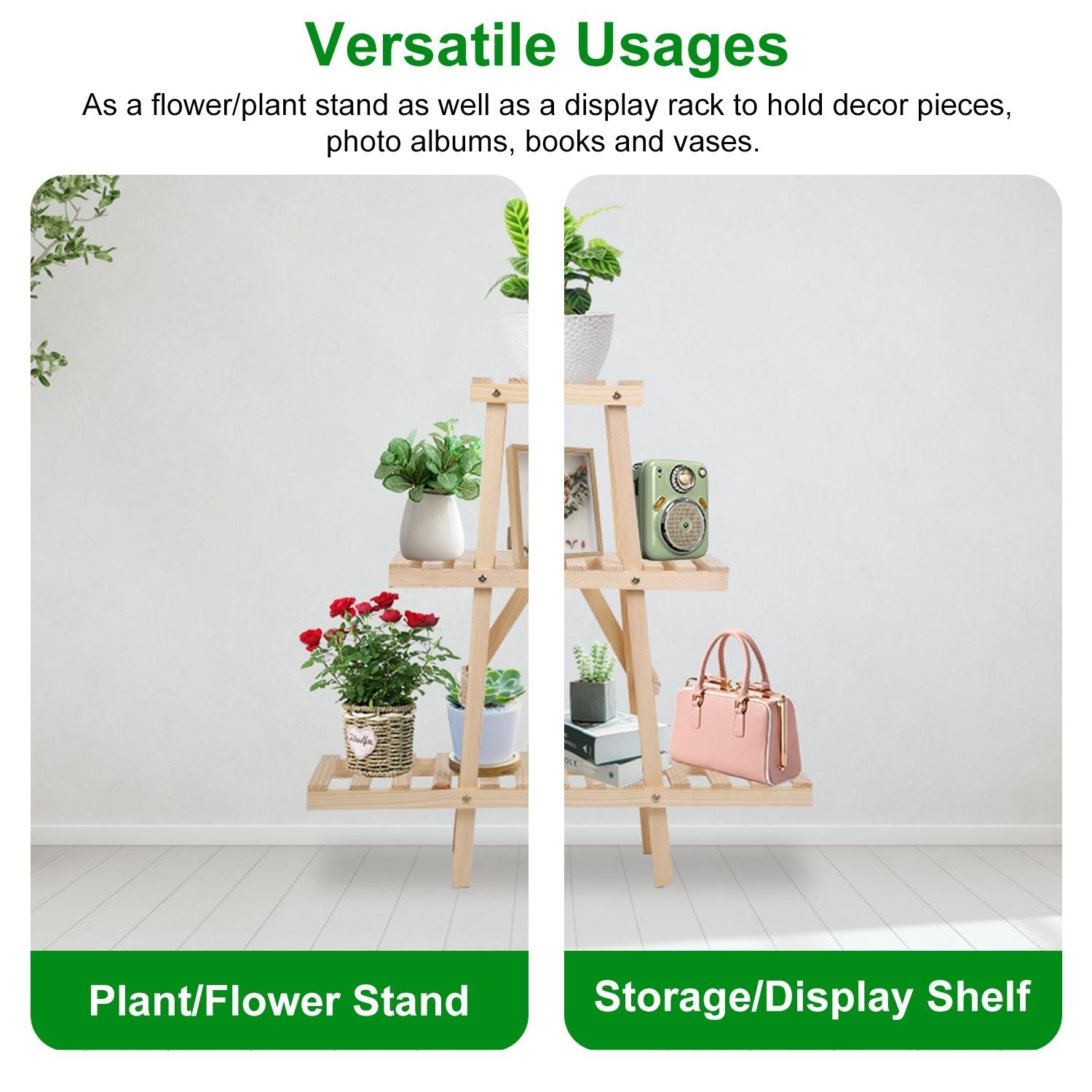 Multi-functional plant stand and display shelf showcasing decorative plants, books, and accessories in a modern home setting.